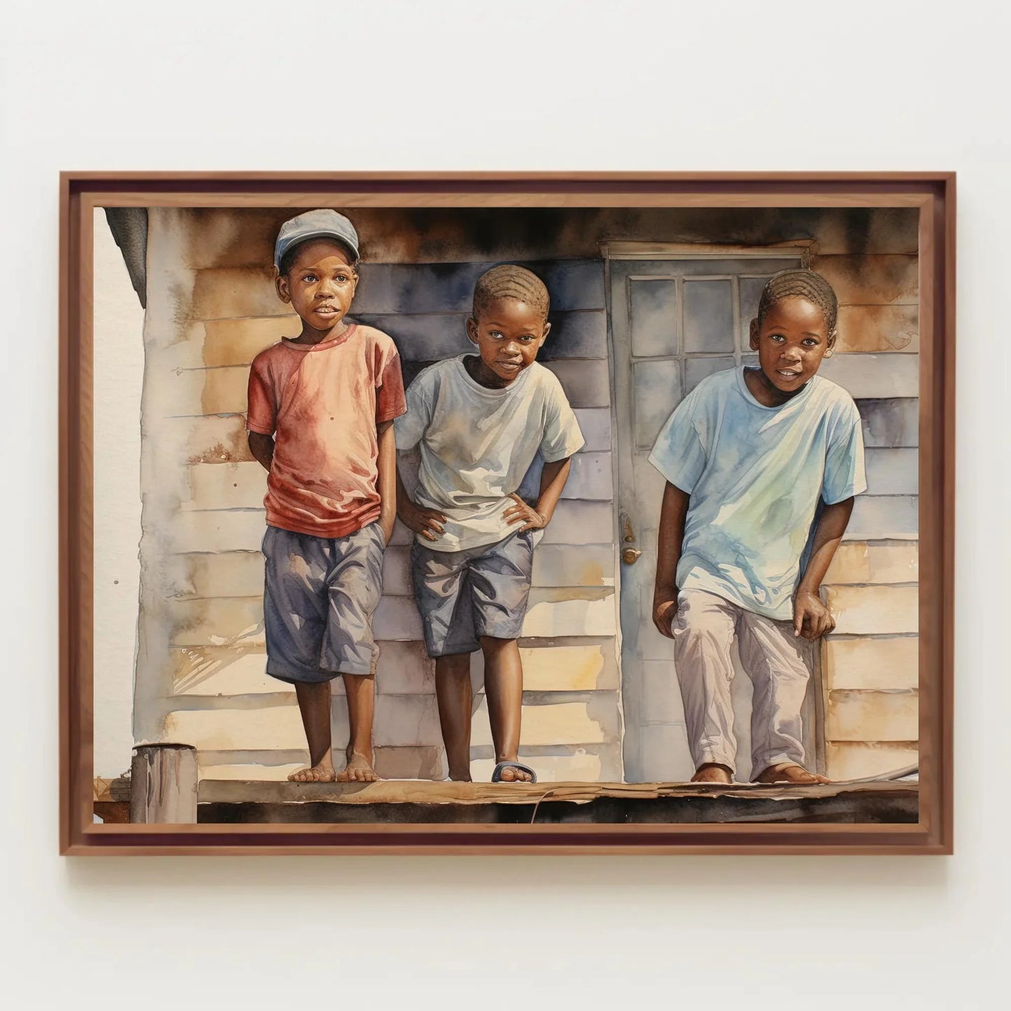 African Watercolour Painting, Curious African Kids on the Roof, African American Art, Canvas Print, Framed Poster, Ready To Hang Wall Art – Canvas Print