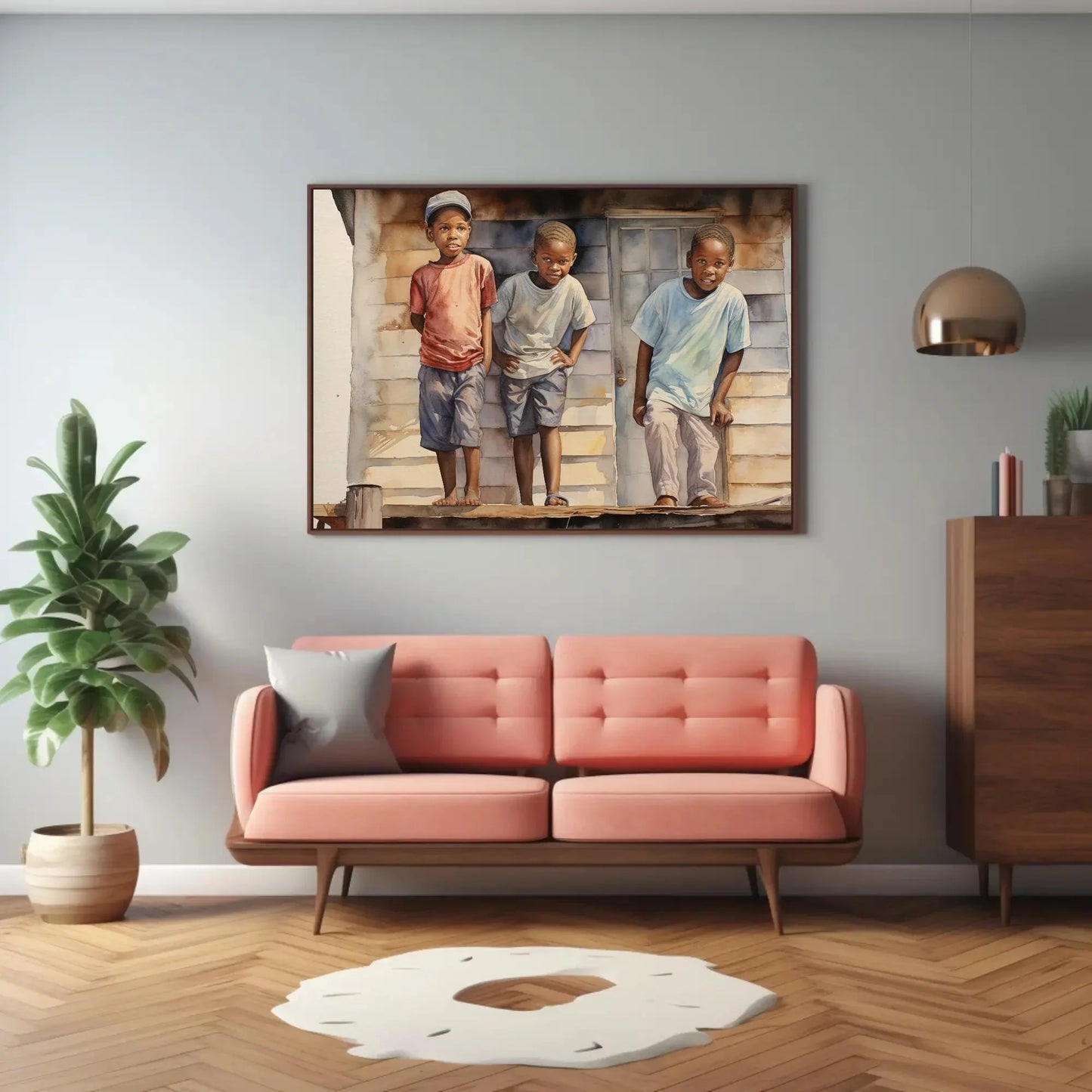 African Watercolour Painting, Curious African Kids on the Roof, African American Art, Canvas Print, Framed Poster, Ready To Hang Wall Art – Canvas Print