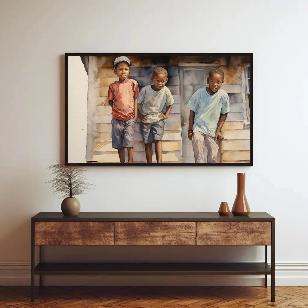 African Watercolour Painting, Curious African Kids on the Roof, African American Art, Canvas Print, Framed Poster, Ready To Hang Wall Art – Canvas Print