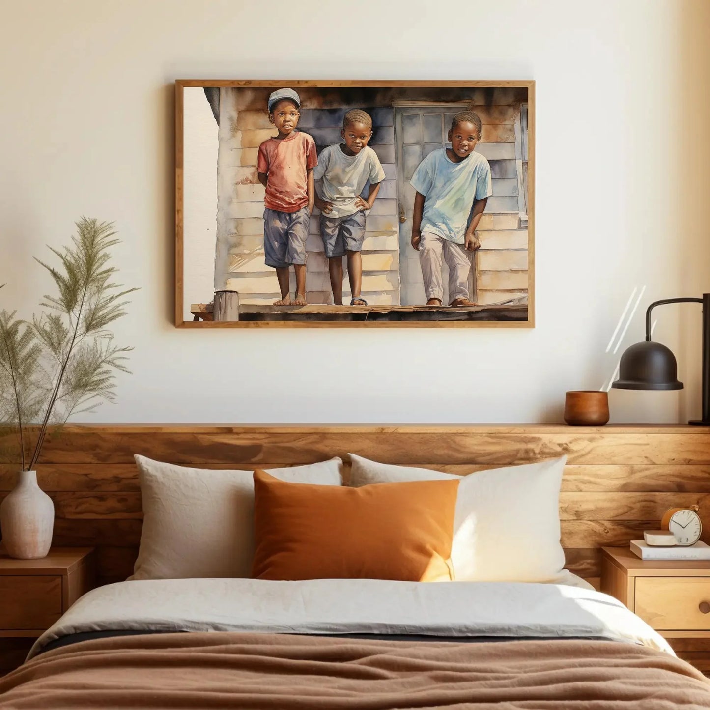 African Watercolour Painting, Curious African Kids on the Roof, African American Art, Canvas Print, Framed Poster, Ready To Hang Wall Art – Canvas Print