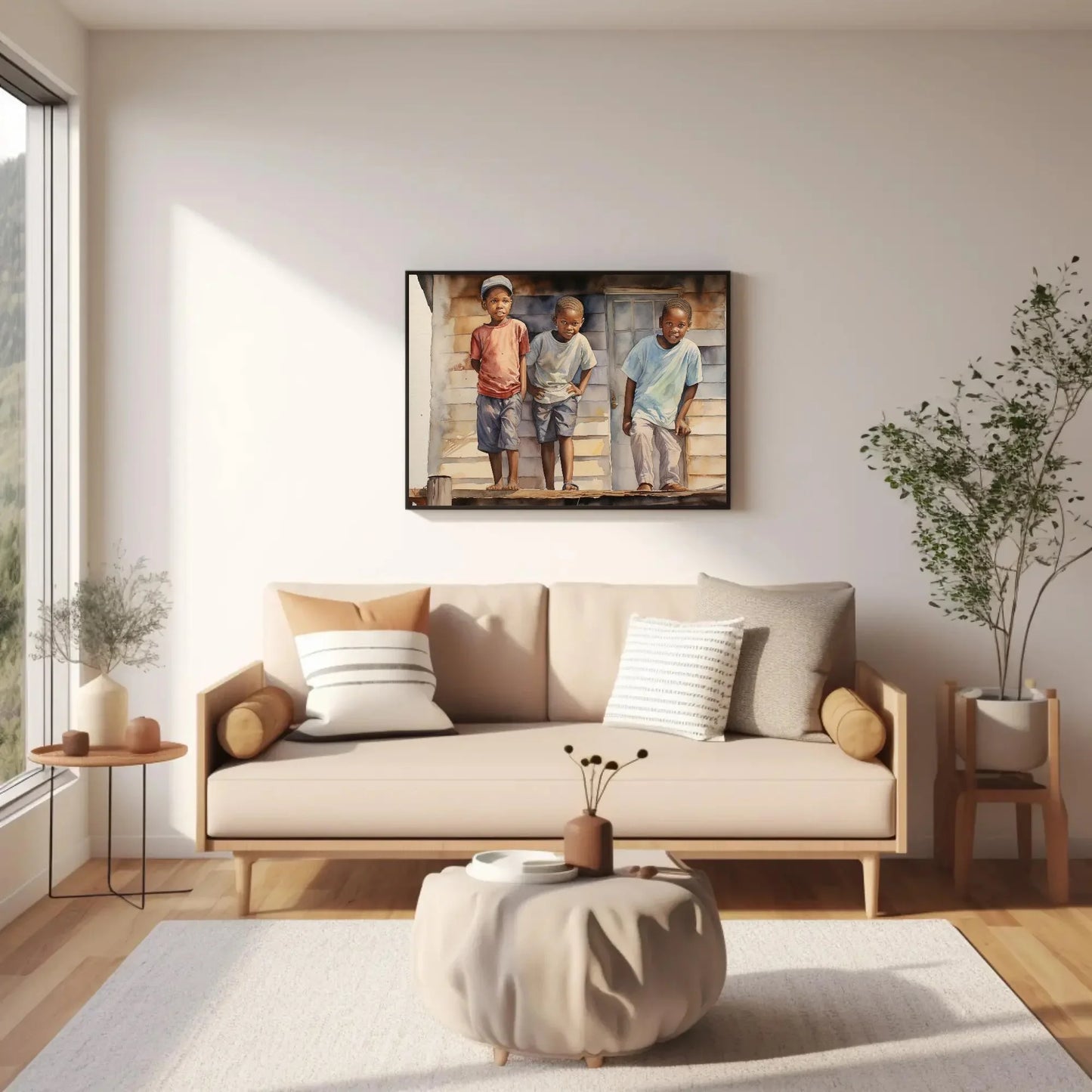 African Watercolour Painting, Curious African Kids on the Roof, African American Art, Canvas Print, Framed Poster, Ready To Hang Wall Art – Canvas Print