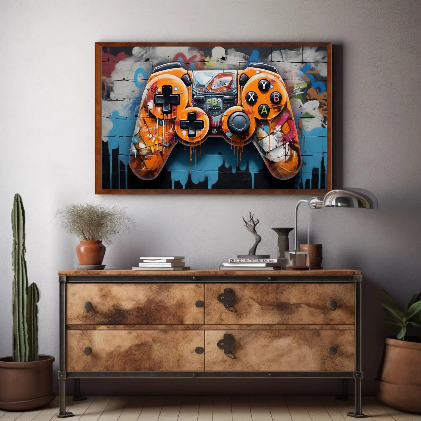 Game Controller Art, Graffiti Game Controller, Rainbow Fire Controller, Game Room Decor, Man Cave Wall Art, Graffiti Art Wall Art – Canvas Print