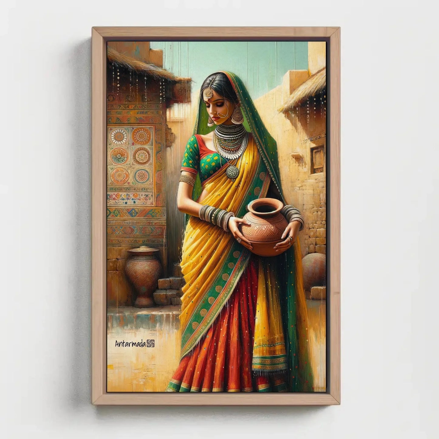 Traditional Indian Woman Holding a Pot Portrait Canvas Painting, Indian Living Room Decor, Desi Wall Art, South Asian Painting, Framed Print Wall Art – Canvas Print