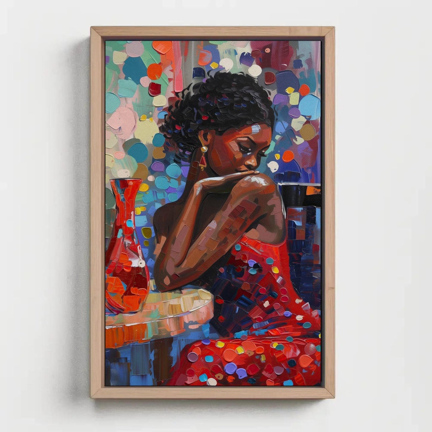 African Girl Abstract Colorful Oil Painting Extra-Large Canvas Print Classy Black Woman in Red Dress African American Art Gift for Her Wall Art – Canvas Print
