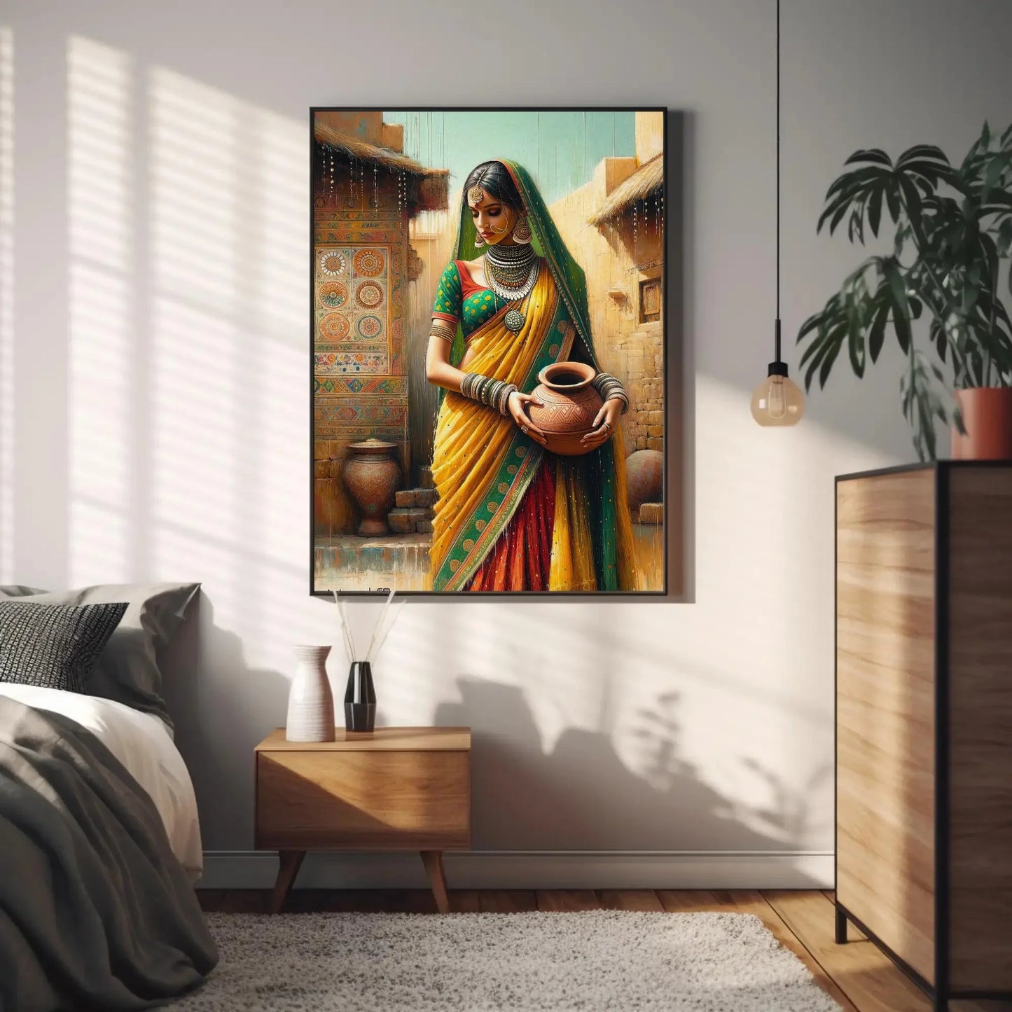 Traditional Indian Woman Holding a Pot Portrait Canvas Painting, Indian Living Room Decor, Desi Wall Art, South Asian Painting, Framed Print Wall Art – Canvas Print
