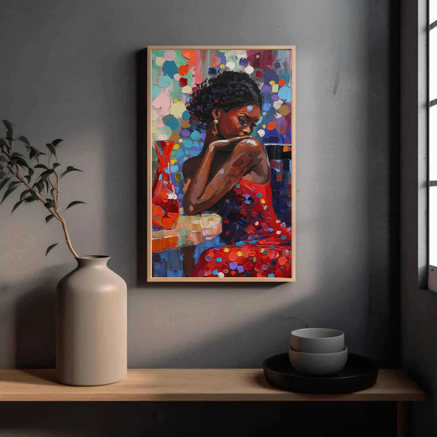 African Girl Abstract Colorful Oil Painting Extra-Large Canvas Print Classy Black Woman in Red Dress African American Art Gift for Her Wall Art – Canvas Print