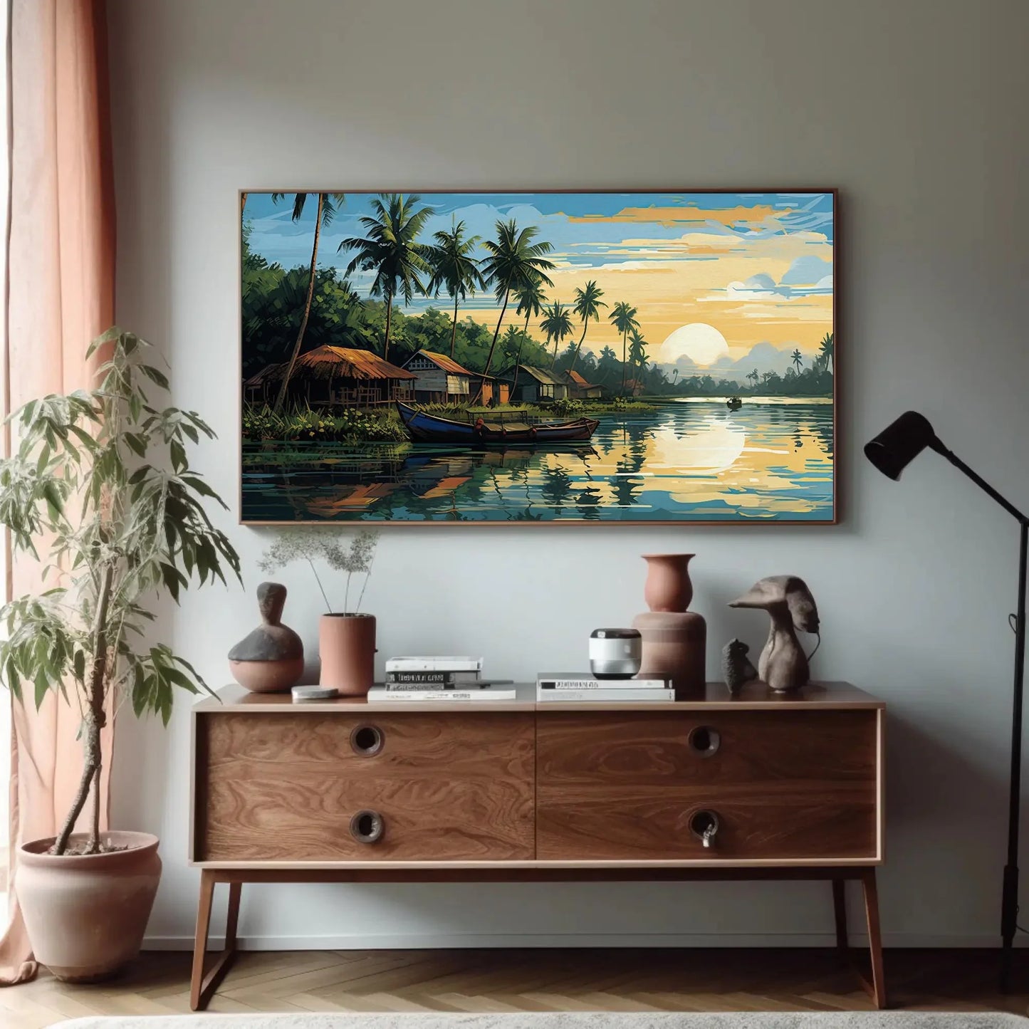 Kerala Landscape Modern Style Painting, Kerala Painting, South Indian Painting, India Artwork, Desi Decor Wall Art – Canvas Print