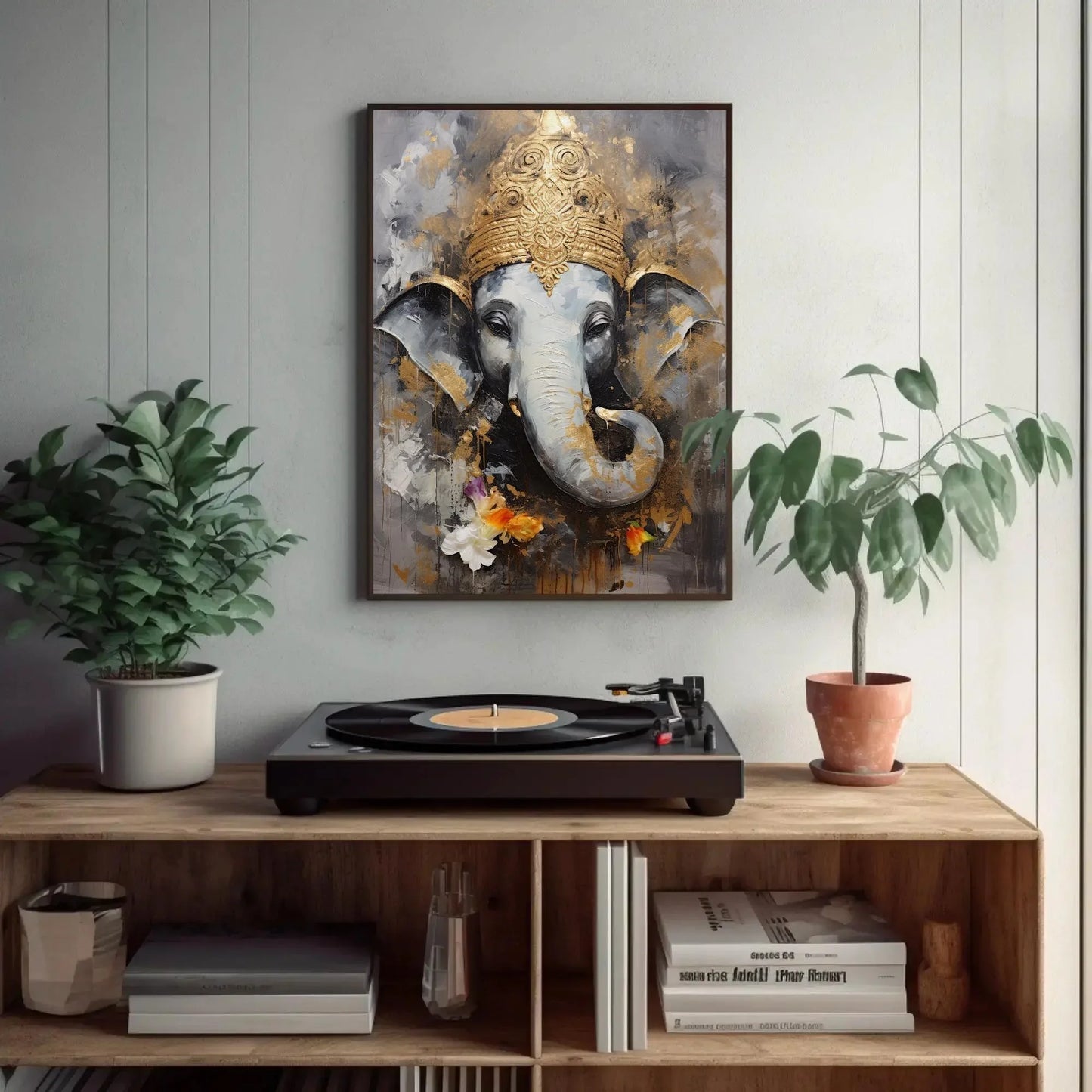 Ganesha Gold Hint Large Canvas Wall Art, Hindu God Wall Art, Ganesh Framed Print, Stretched Canvas, Ready To Hang, Indian God Decor Wall Art – Canvas Print