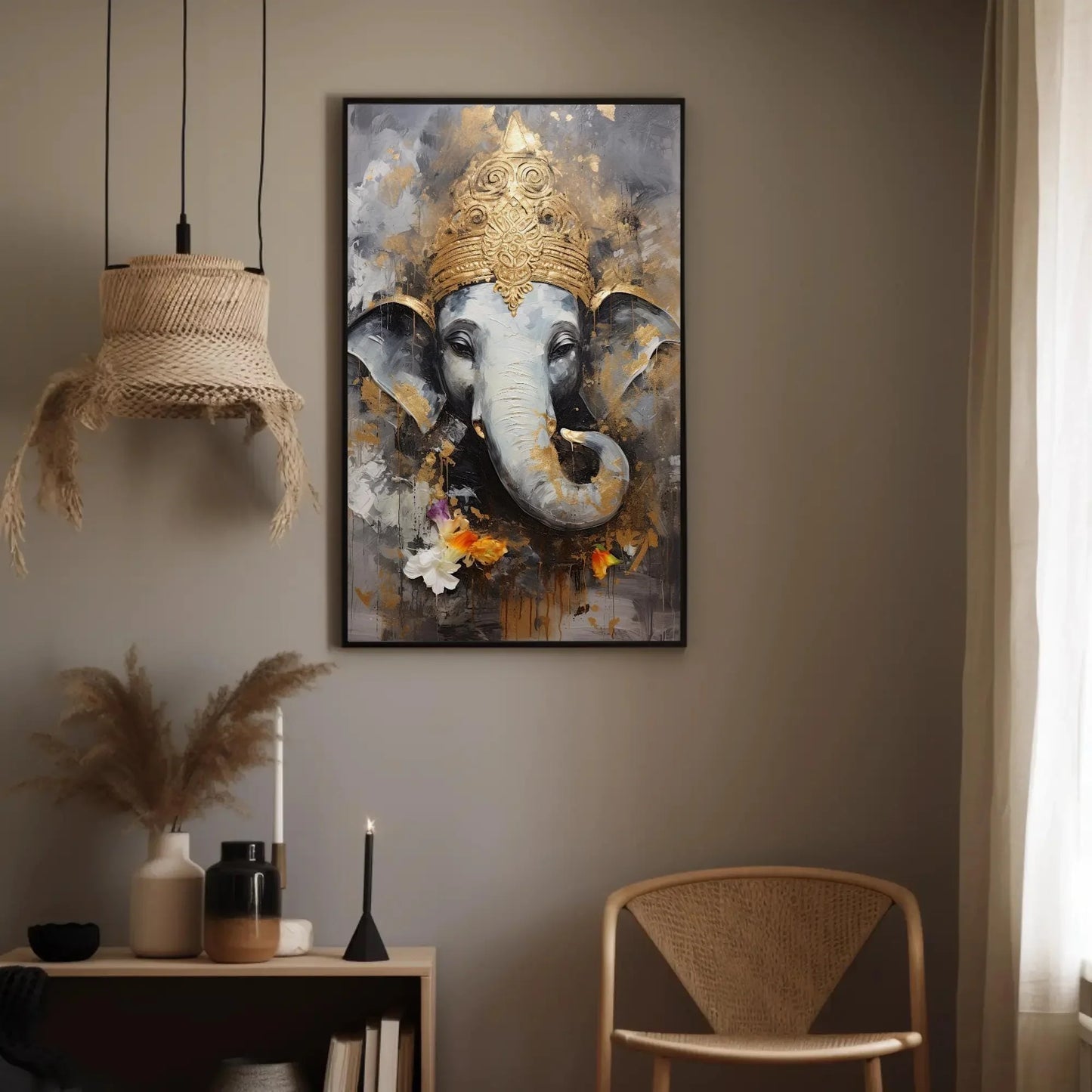 Ganesha Gold Hint Large Canvas Wall Art, Hindu God Wall Art, Ganesh Framed Print, Stretched Canvas, Ready To Hang, Indian God Decor Wall Art – Canvas Print