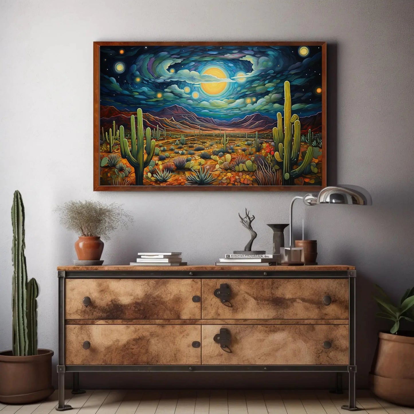 Mexican Desert Night Large Canvas Painting, Sonoran Desert Wall Art, Mexican Cactus Wall Art, Framed Print Stretched Canvas Ready To Hang Wall Art – Canvas Print