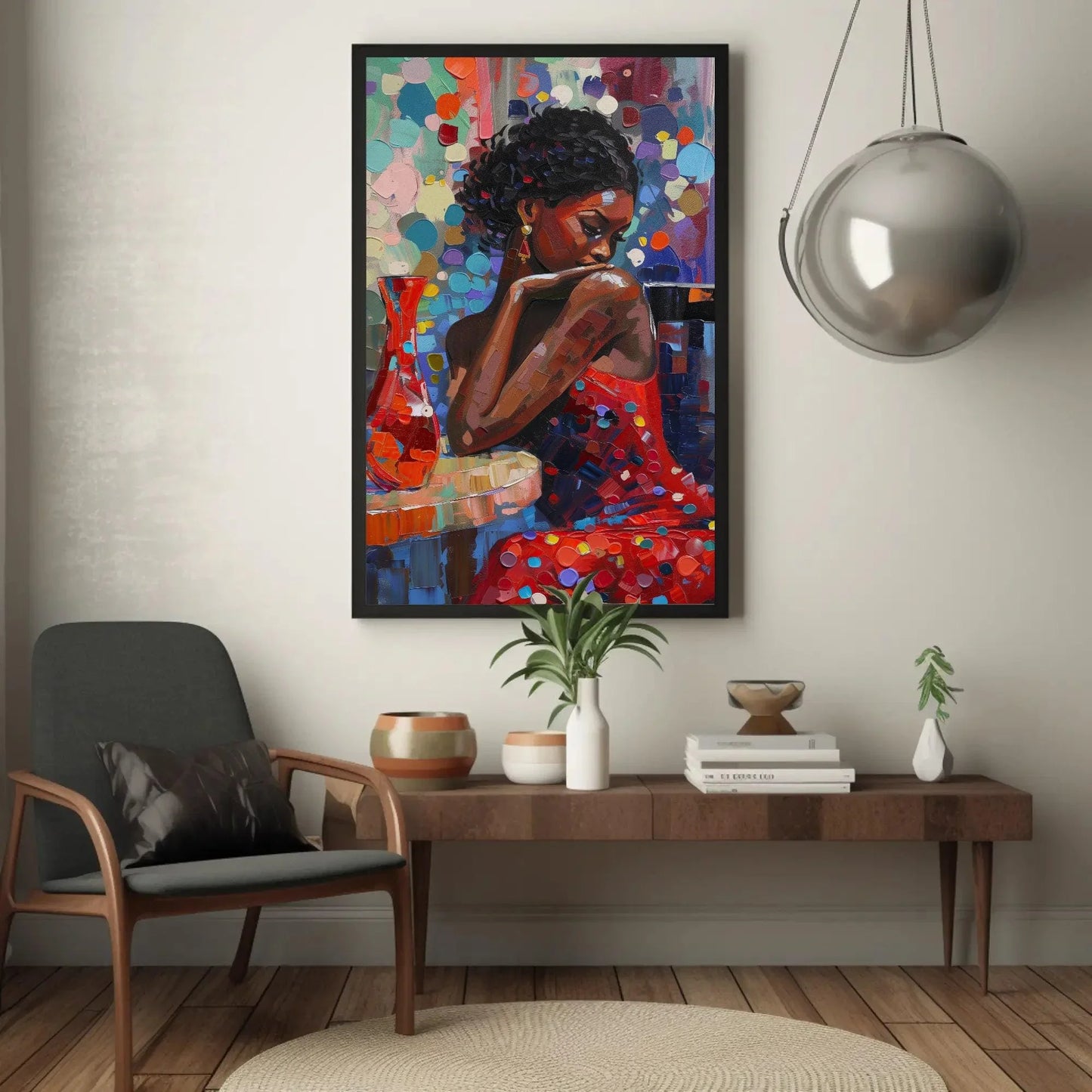 African Girl Abstract Colorful Oil Painting Extra-Large Canvas Print Classy Black Woman in Red Dress African American Art Gift for Her Wall Art – Canvas Print