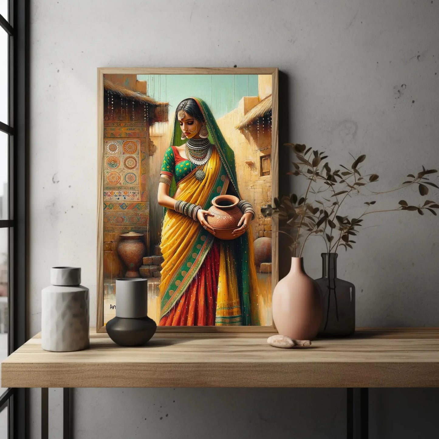 Traditional Indian Woman Holding a Pot Portrait Canvas Painting, Indian Living Room Decor, Desi Wall Art, South Asian Painting, Framed Print Wall Art – Canvas Print