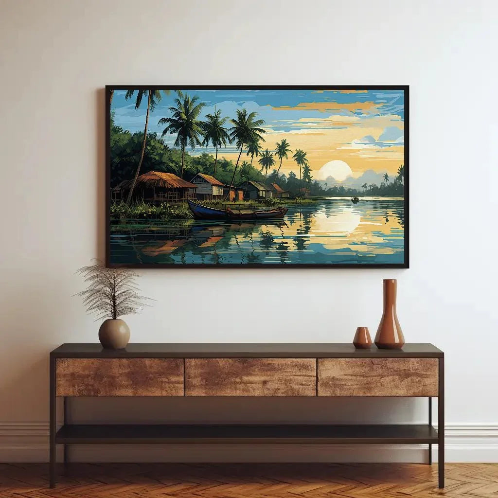 Kerala Landscape Modern Style Painting, Kerala Painting, South Indian Painting, India Artwork, Desi Decor Wall Art – Canvas Print