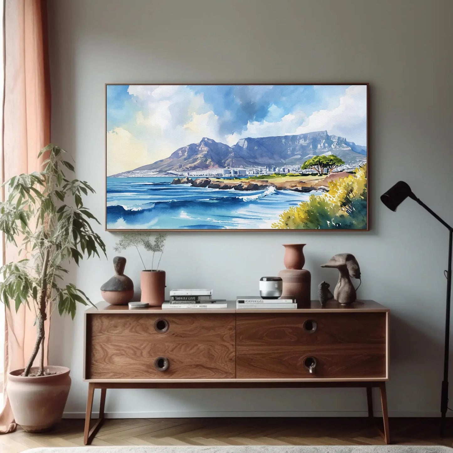 Cape Town Watercolor Print, Table Mountain Large Canvas Print, South African Wall Decor, South Africa Art, Framed Poster Ready To Hang Wall Art – Canvas Print