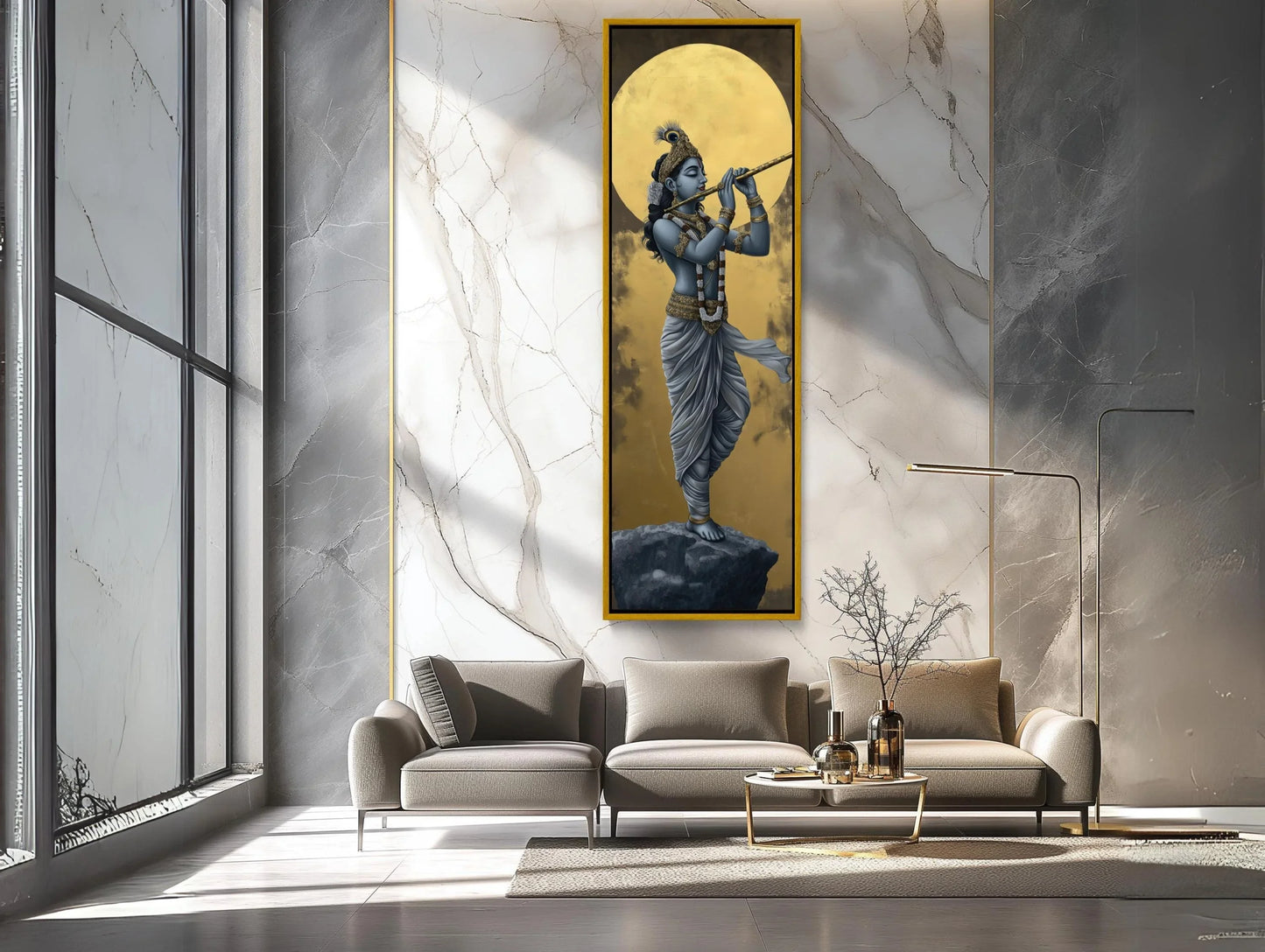 Lord Krishna Tall Canvas Painting, Hindu Spiritual Wall Decor, Krishna Playing Flute Under Golden Moon, Indian Art for Home, Ready to Hang Wall Art – Canvas Print