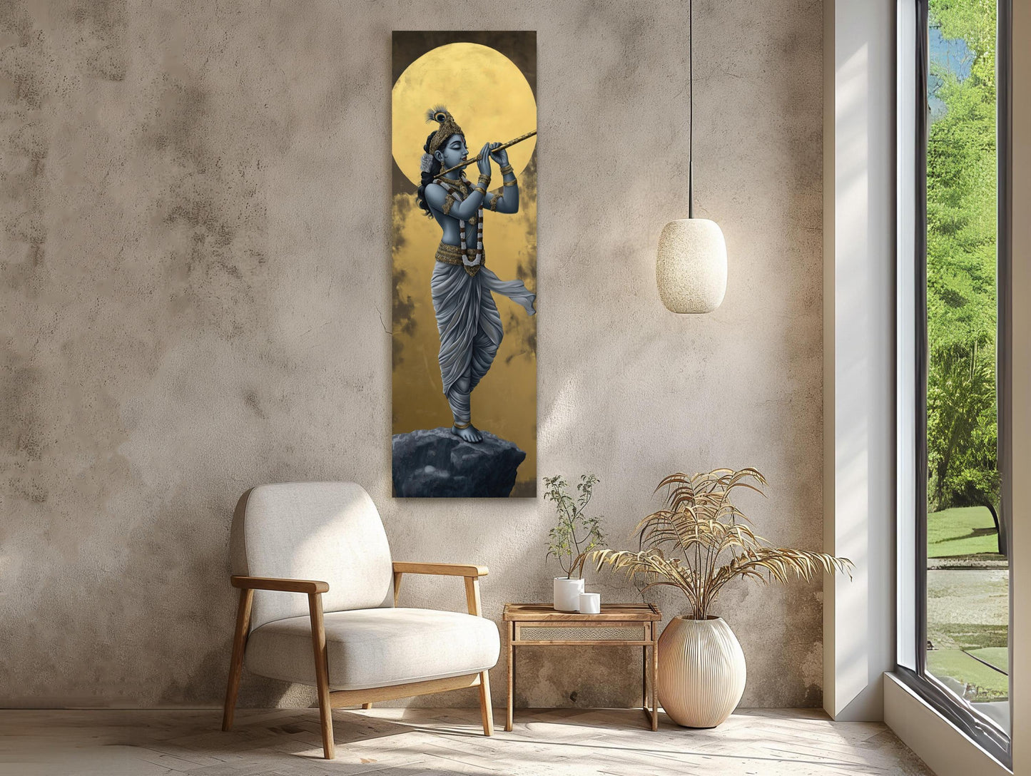 Lord Krishna Tall Canvas Painting, Hindu Spiritual Wall Decor, Krishna Playing Flute Under Golden Moon, Indian Art for Home, Ready to Hang Wall Art – Canvas Print