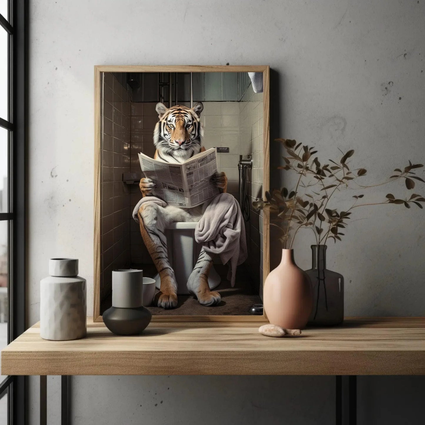 Majestic Tiger Reading Newspaper On The Toilet Animal Lovers Gift Canvas Painting Funny Bathroom Art Framed Print Wildlife Art Ready To Hang Wall Art – Canvas Print