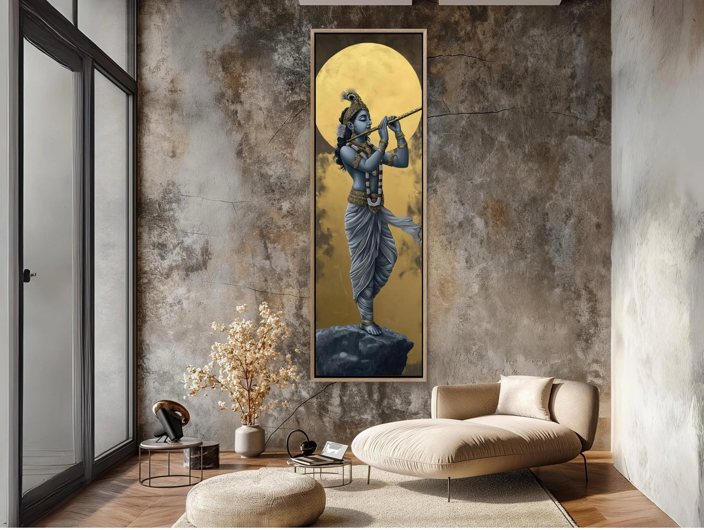 Lord Krishna Tall Canvas Painting, Hindu Spiritual Wall Decor, Krishna Playing Flute Under Golden Moon, Indian Art for Home, Ready to Hang Wall Art – Canvas Print