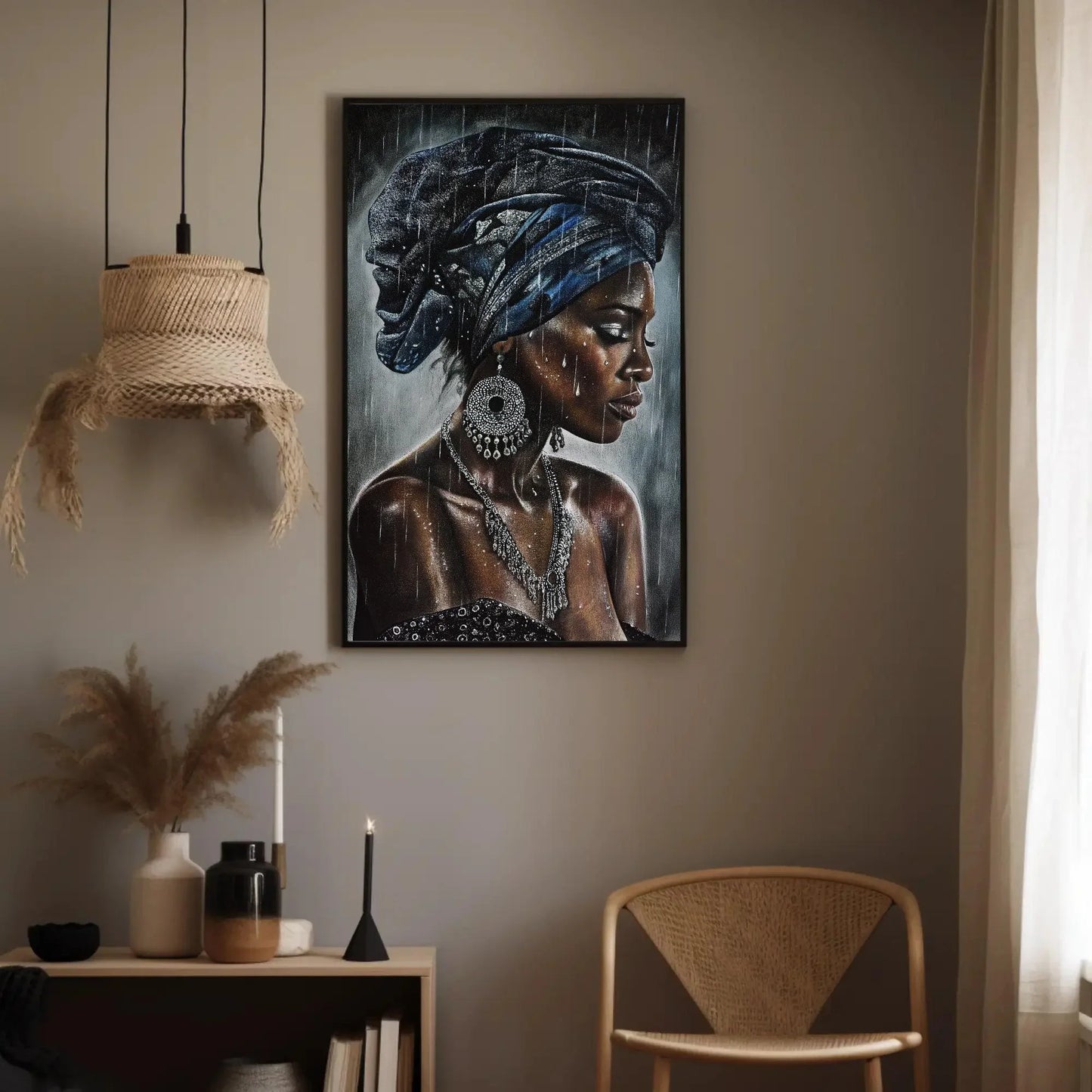 Exotic African Beauty in Rain Canvas Painting, Framed Print, Bohemian and African Decor, Ready to Hang, Living Room or Bedroom Decor Wall Art – Canvas Print