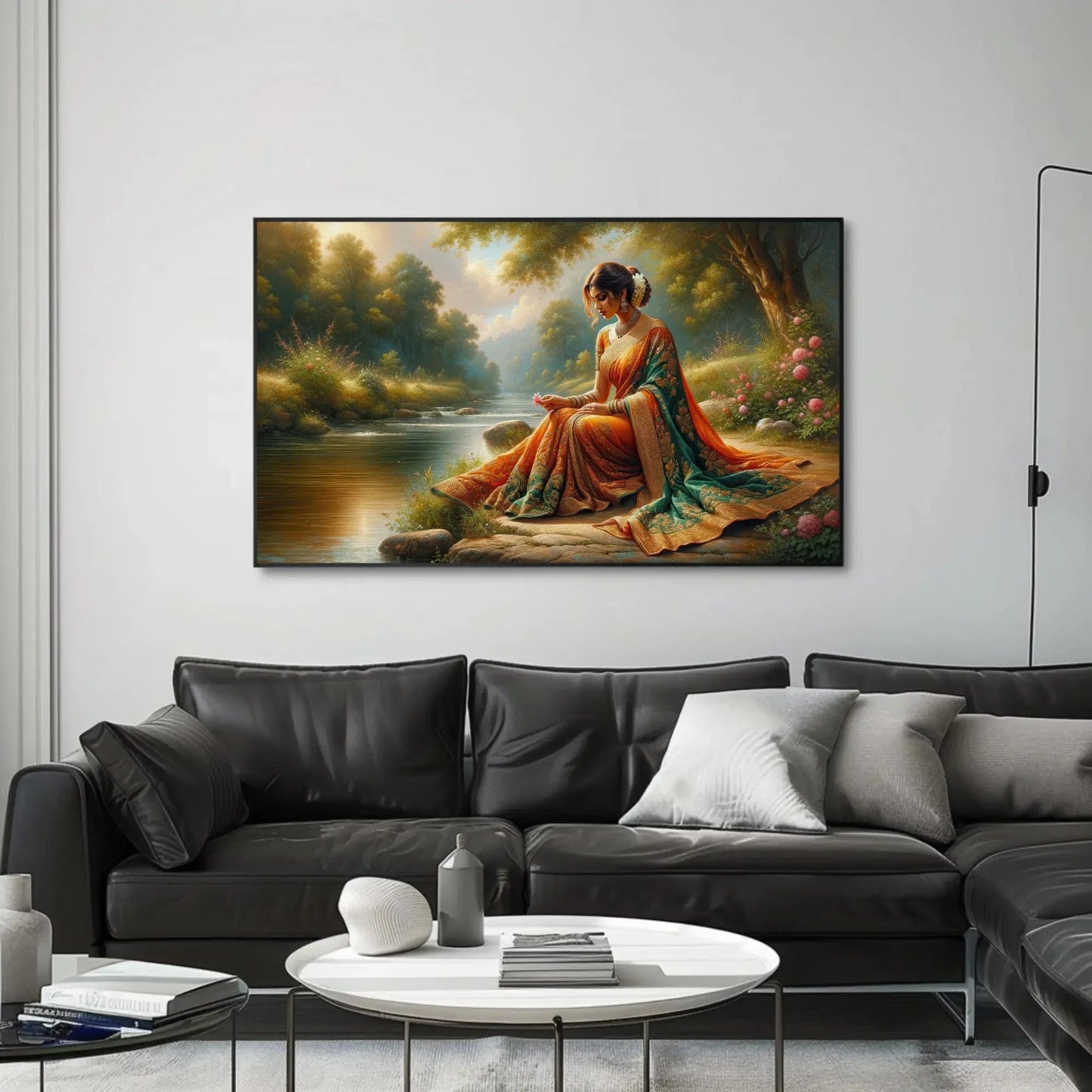 Indian Woman Sitting Along a River Shore painting, Indian Home Decor, Large Canvas Framed Print, Signed, South Asian Wall Art, Desi Art Wall Art – Canvas Print