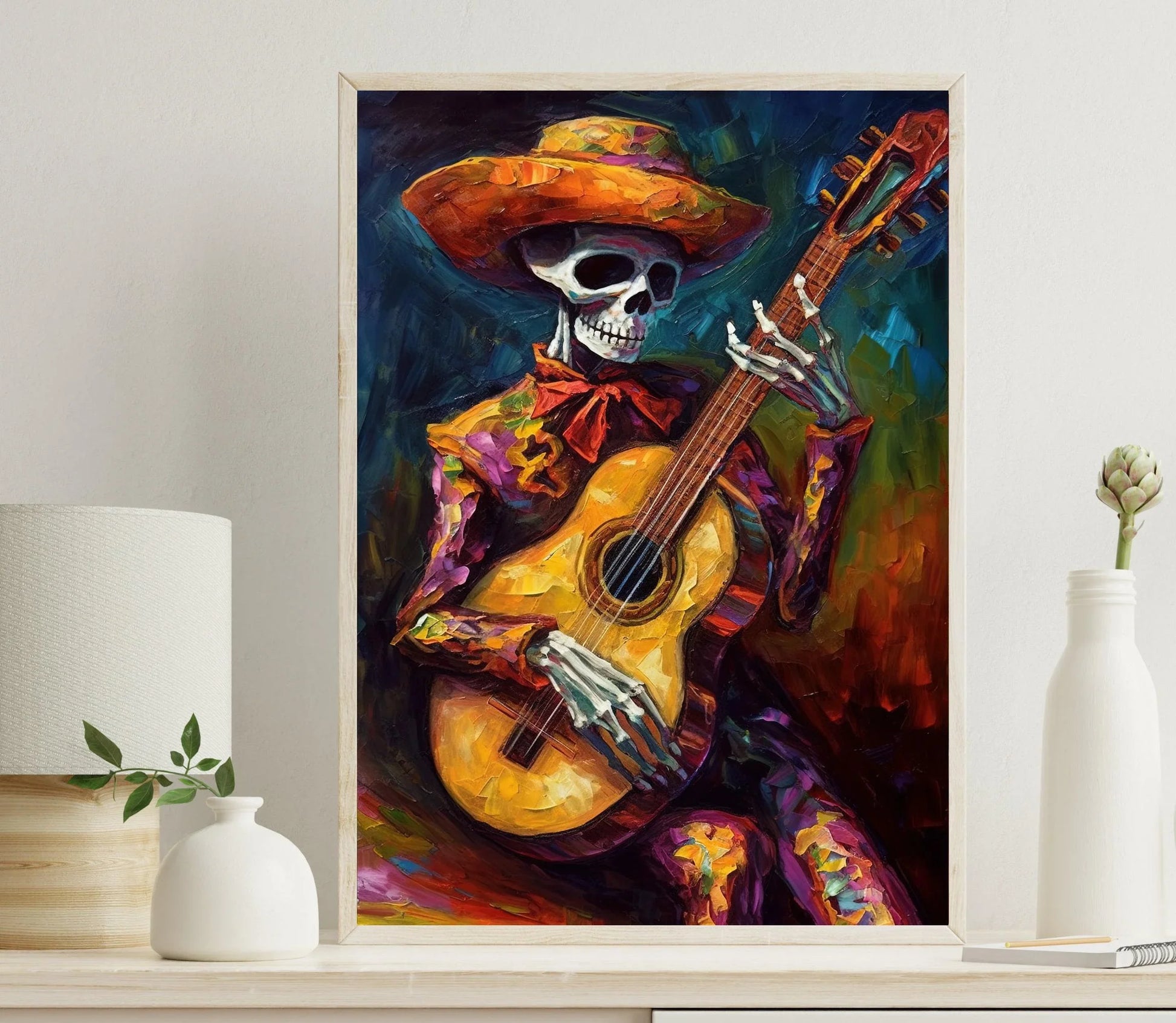 Mexican Cowboy Skeleton Guitarist Art Print Mariachi Guitarist Latino Art Chicano art Mexican Art Calavera Art Large Canvas Wall Art – Canvas Print