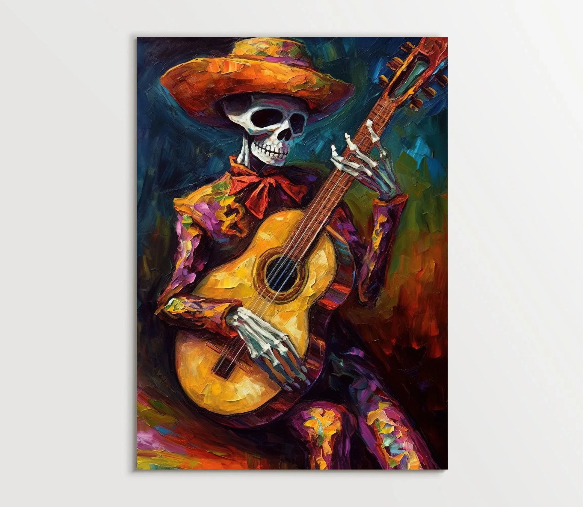 Mexican Cowboy Skeleton Guitarist Art Print Mariachi Guitarist Latino Art Chicano art Mexican Art Calavera Art Large Canvas Wall Art – Canvas Print