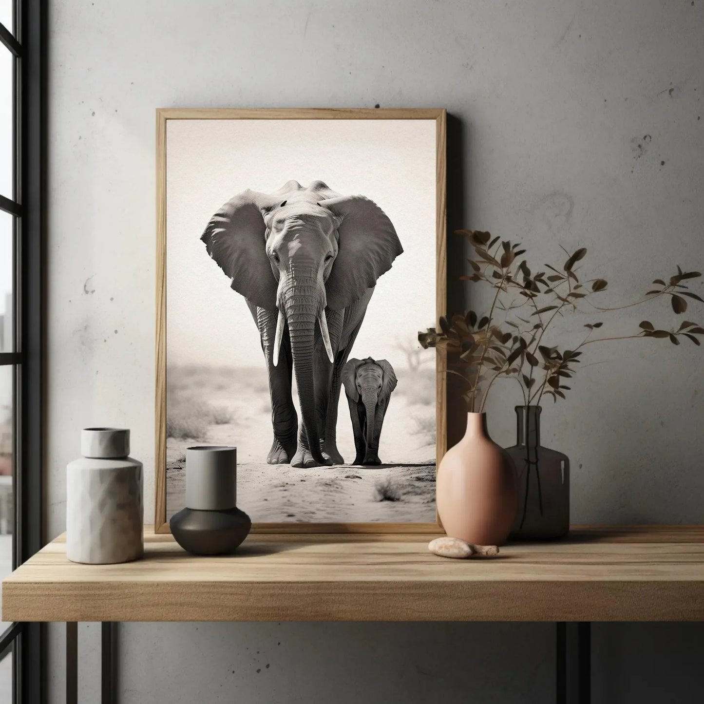 Elephant and Baby Elephant In a Desert, African Elephant Print, Black and White Large Canvas Decor, Man Cave, Game Room Decor, Ready to Hang Wall Art – Canvas Print