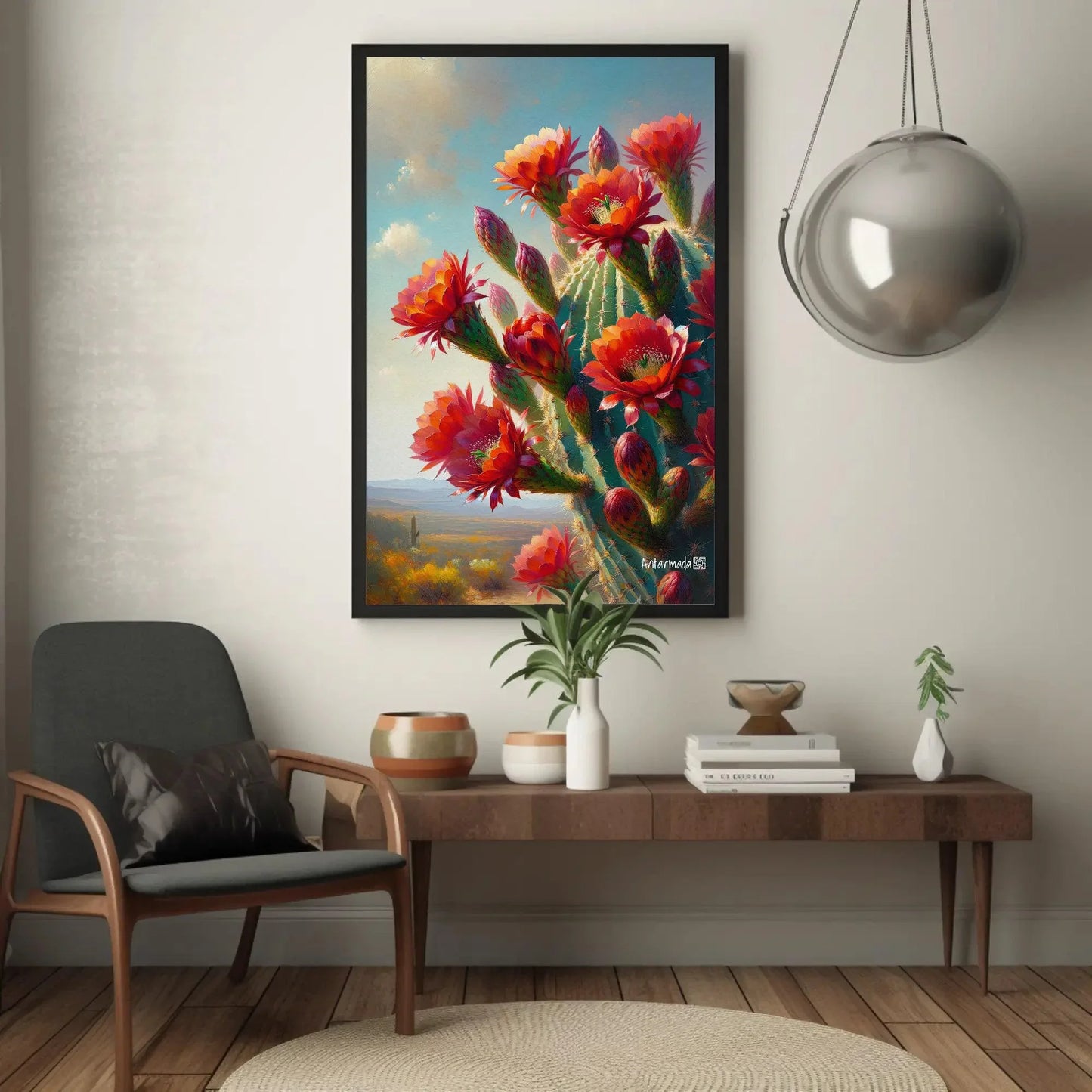 Blooming Red cactus flowers Vertical Painting, South Wester Decor, Mexican Cactus Art, Desert Framed Print, Large Canvas, Ready to Hang Wall Art – Canvas Print