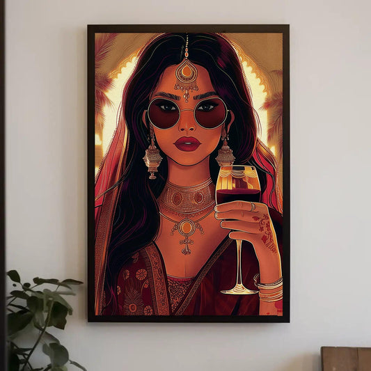 Modern Indian Woman Drinking Wine Wall Art Desi Art South Asian Art Indian Art Brown Girl Indian Wall Art Framed Canvas Ready to Hang Wall Art – Canvas Print