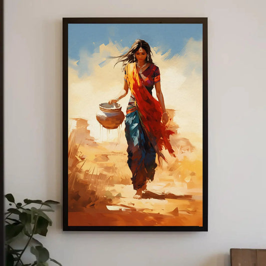 Indian Woman With a Clay Pot Walking Painting, Traditional Indian Decor, Indian Woman Canvas Wall Art, Indian Restaurant Decor, Desi Gift Wall Art – Canvas Print