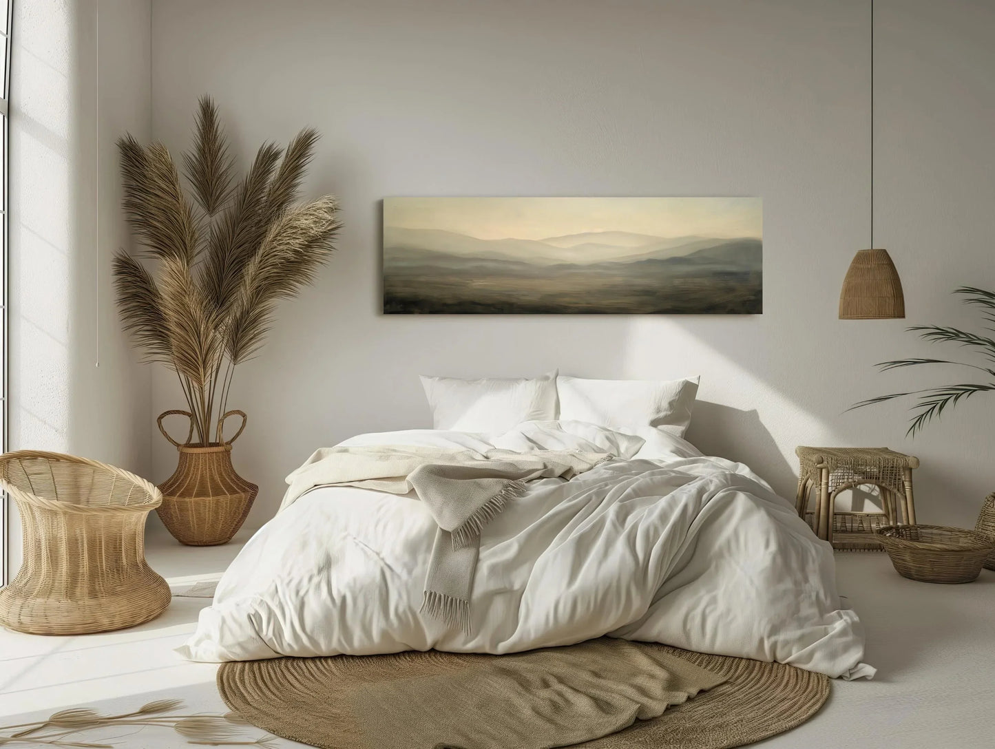 Open Field with Hills Canvas Print, Muted Colors Dark Gray and Light Beige, Long Horizontal Canvas Art, Panoramic Landscape Wall Art Wall Art – Canvas Print