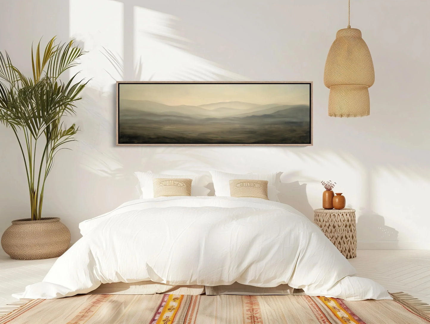 Open Field with Hills Canvas Print, Muted Colors Dark Gray and Light Beige, Long Horizontal Canvas Art, Panoramic Landscape Wall Art Wall Art – Canvas Print