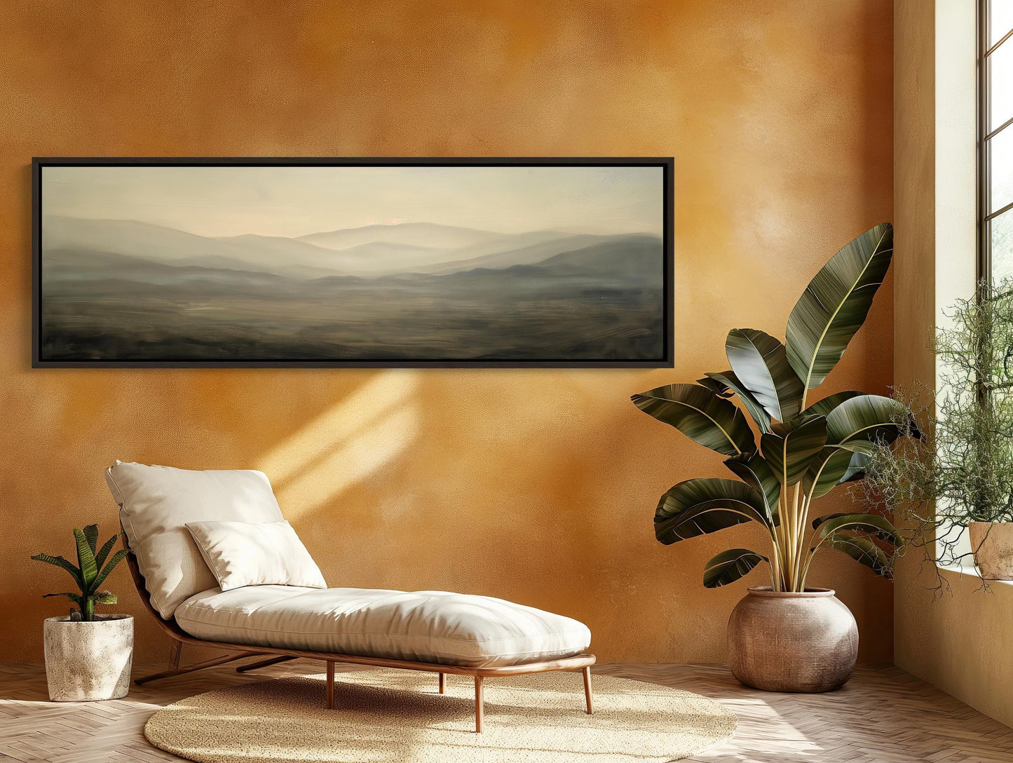 Open Field with Hills Canvas Print, Muted Colors Dark Gray and Light Beige, Long Horizontal Canvas Art, Panoramic Landscape Wall Art Wall Art – Canvas Print