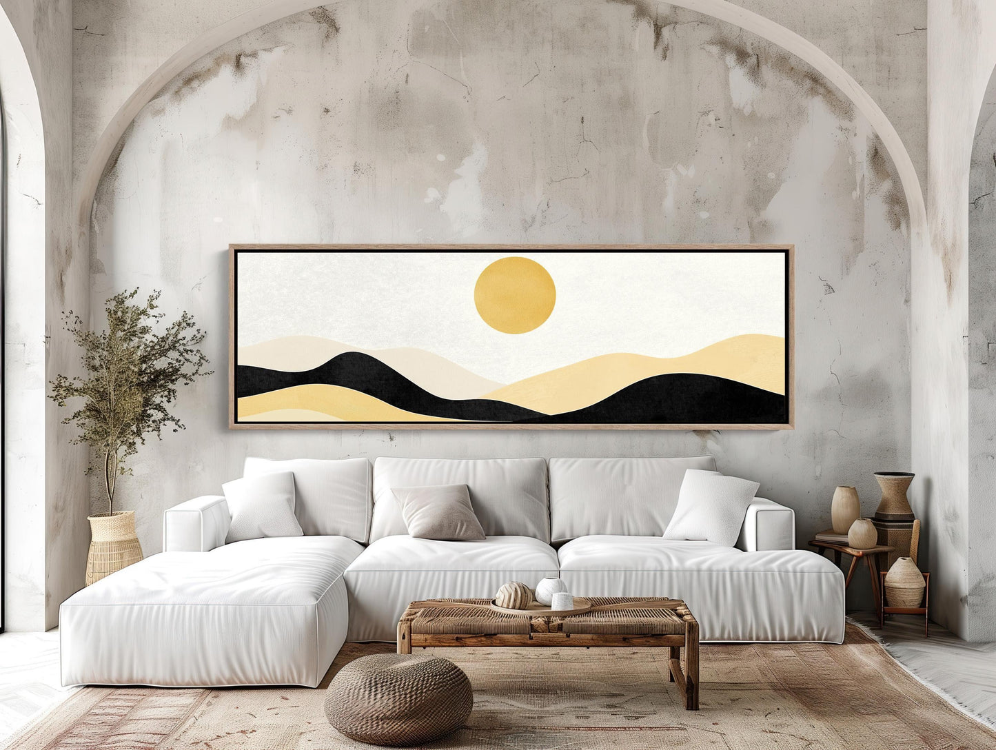 Boho Minimalist Mountain Landscape Canvas Art, Earth and Sand Tones Panoramic Wall Decor, Framed Boho Nature Art, Living Room, Ready to Hang Wall Art – Canvas Print