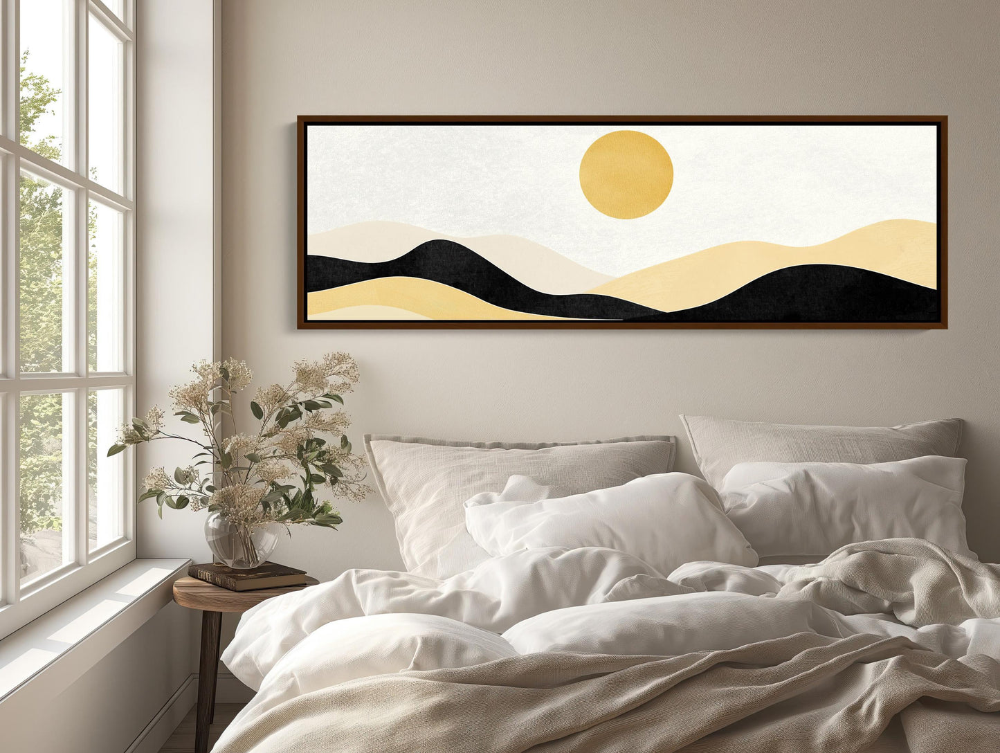 Boho Minimalist Mountain Landscape Canvas Art, Earth and Sand Tones Panoramic Wall Decor, Framed Boho Nature Art, Living Room, Ready to Hang Wall Art – Canvas Print