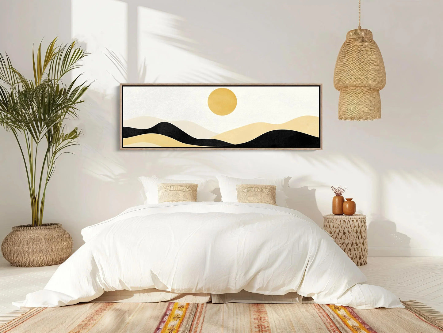 Boho Minimalist Mountain Landscape Canvas Art, Earth and Sand Tones Panoramic Wall Decor, Framed Boho Nature Art, Living Room, Ready to Hang Wall Art – Canvas Print