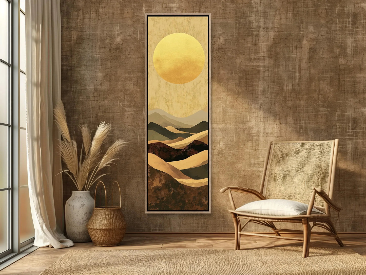 Boho Minimalist Mountain Landscape Canvas Art, Earth and Sand Tones Long Vertical Wall Decor, Framed Bohemian Art for Living Room, Bedroom Wall Art – Canvas Print