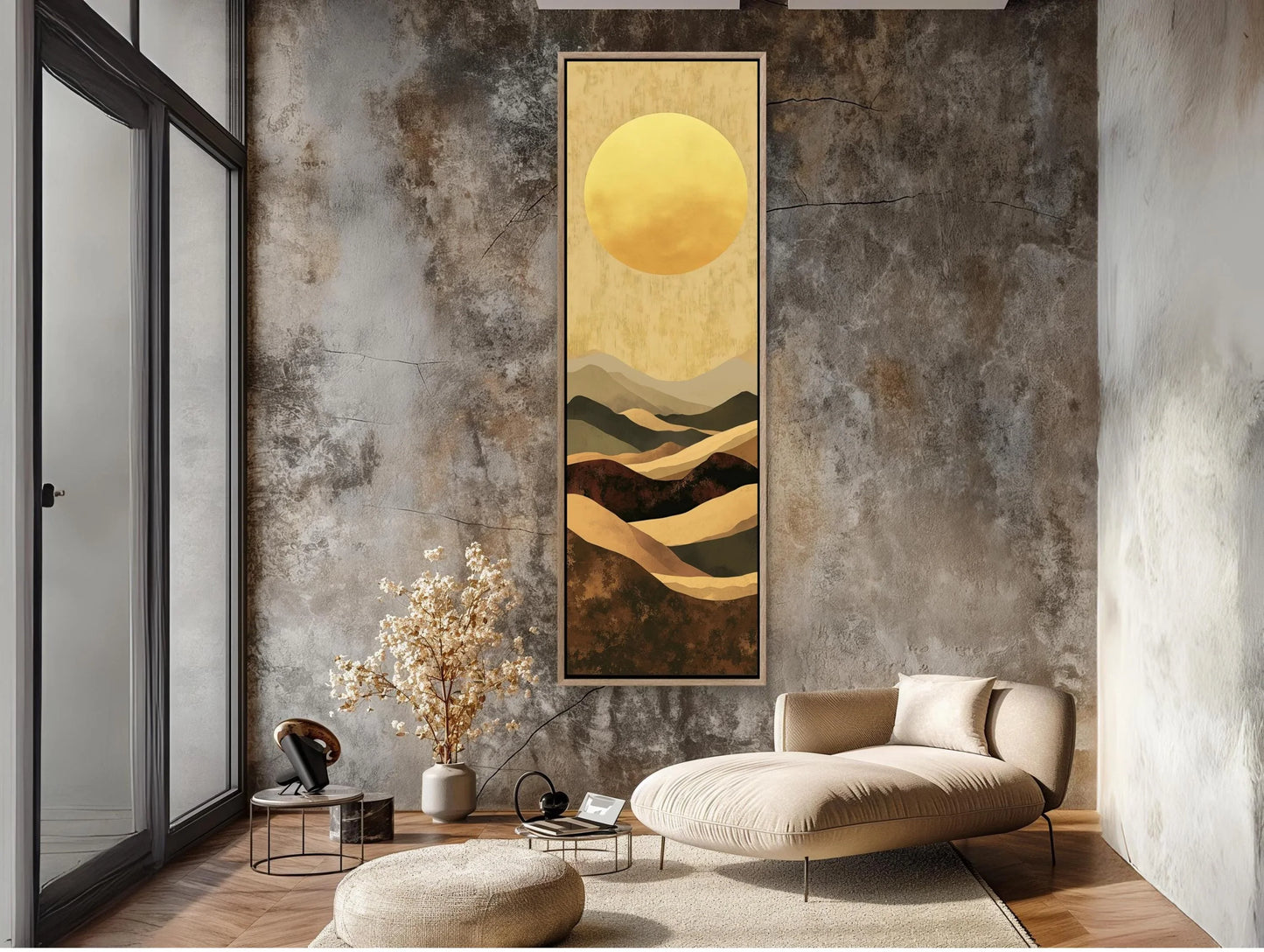 Boho Minimalist Mountain Landscape Canvas Art, Earth and Sand Tones Long Vertical Wall Decor, Framed Bohemian Art for Living Room, Bedroom Wall Art – Canvas Print
