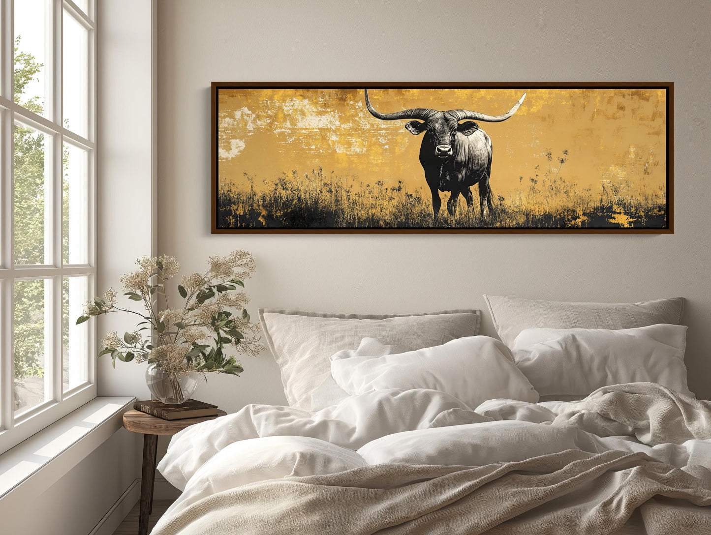 Texas Longhorn in Meadow Field Abstract Painting, Long Horizontal Panoramic Canvas Print, Extra Large Rustic Wall Decor for Living Room Wall Art – Canvas Print