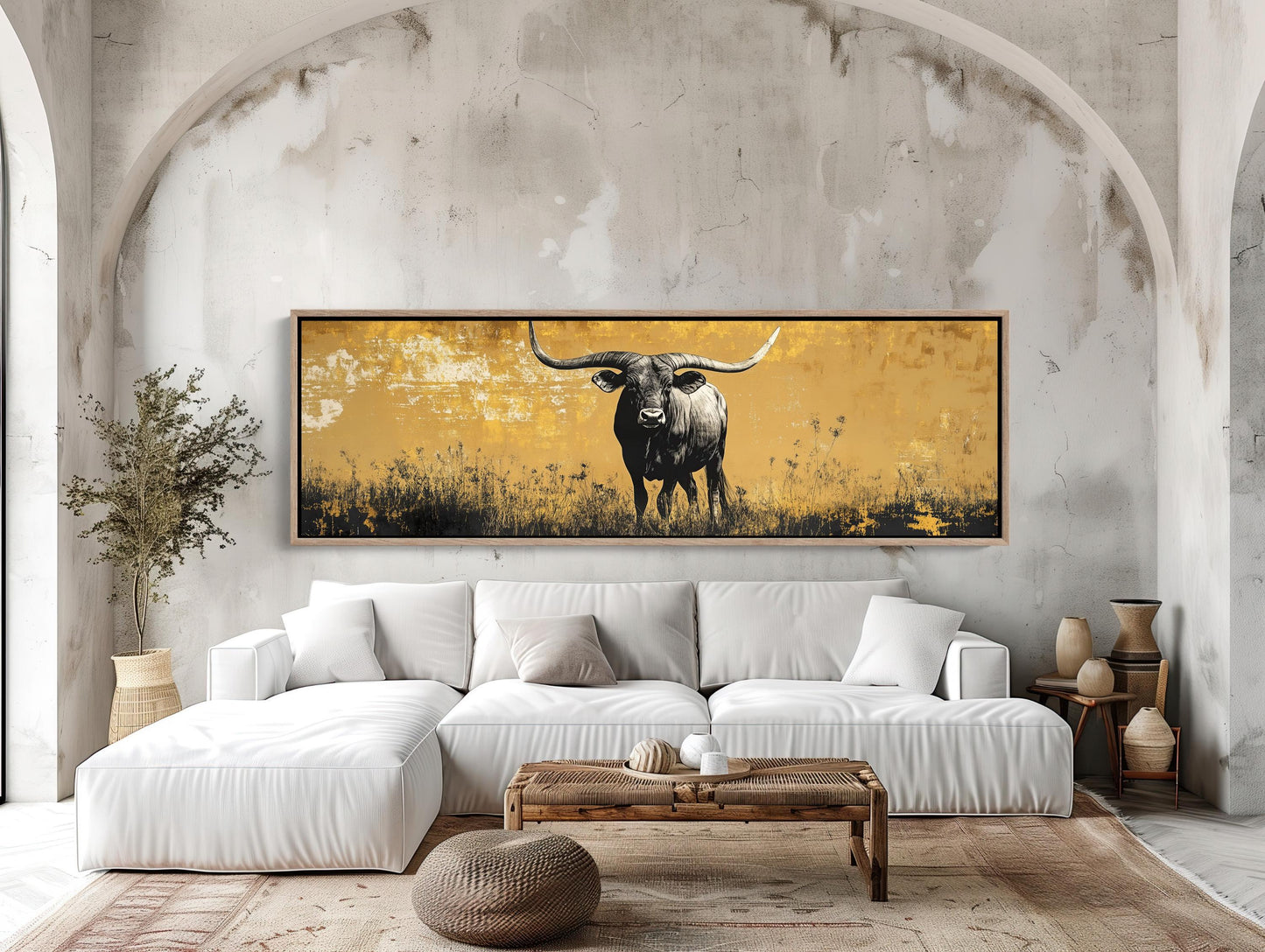 Texas Longhorn in Meadow Field Abstract Painting, Long Horizontal Panoramic Canvas Print, Extra Large Rustic Wall Decor for Living Room Wall Art – Canvas Print