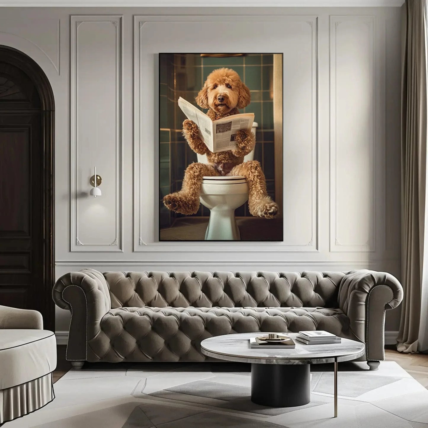 Golden doodle sitting on toilet reading newspaper canvas print, toilet humor, bathroom art, anniversary gift, restroom decor, funny gift Wall Art – Canvas Print