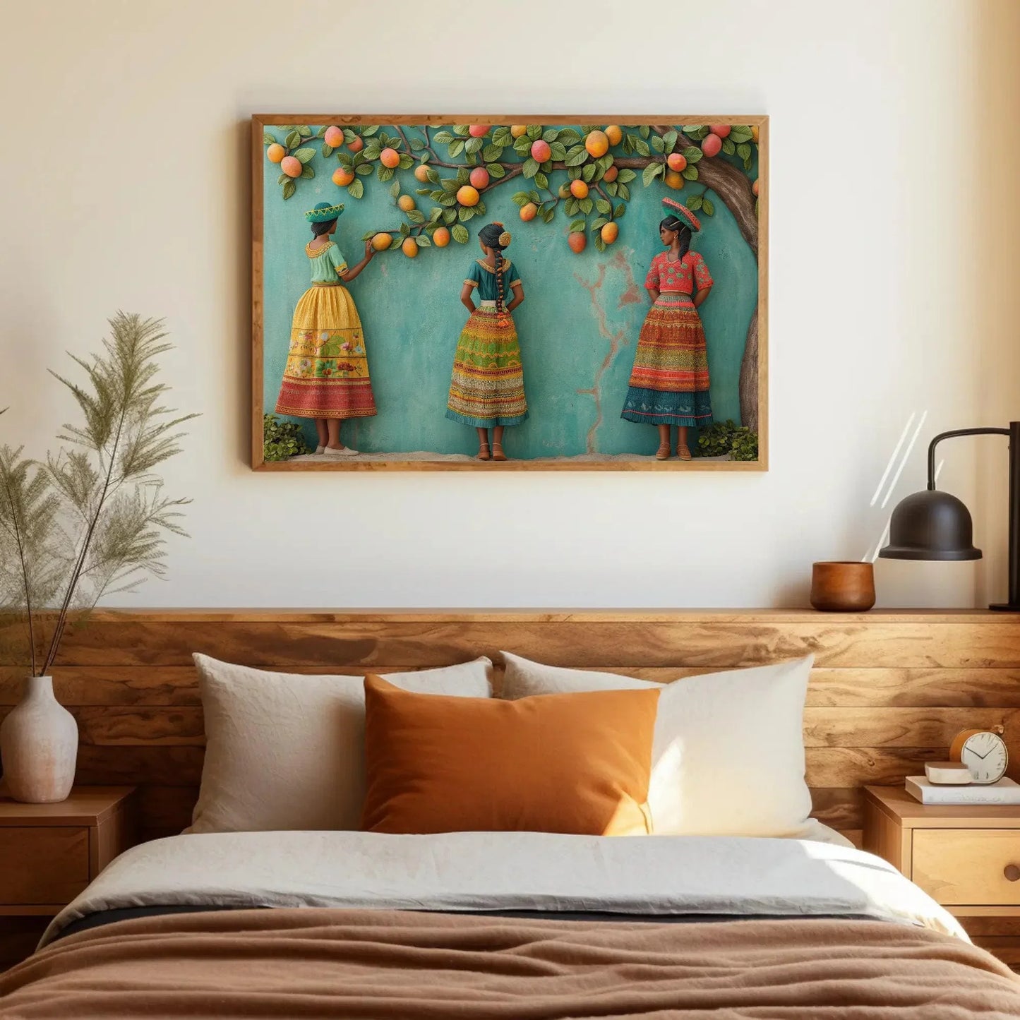 Three Mexican Girls Under Mango Tree 3D Illusion Canvas Wall Decor | Mexican Culture Wall Art | Colorful Mexican Art | Ready to Hang Wall Art – Canvas Print