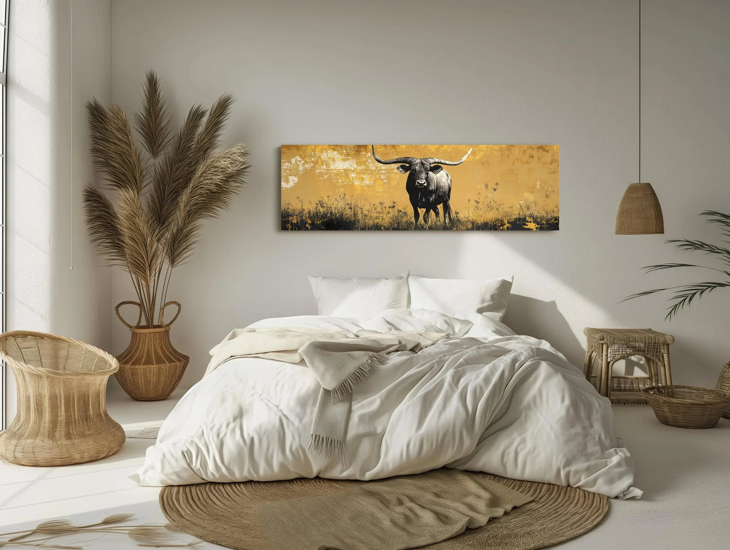 Texas Longhorn in Meadow Field Abstract Painting, Long Horizontal Panoramic Canvas Print, Extra Large Rustic Wall Decor for Living Room Wall Art – Canvas Print