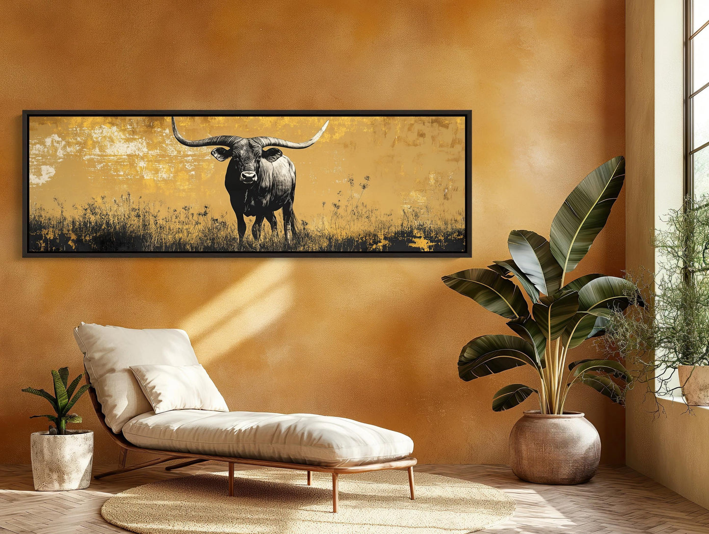 Texas Longhorn in Meadow Field Abstract Painting, Long Horizontal Panoramic Canvas Print, Extra Large Rustic Wall Decor for Living Room Wall Art – Canvas Print