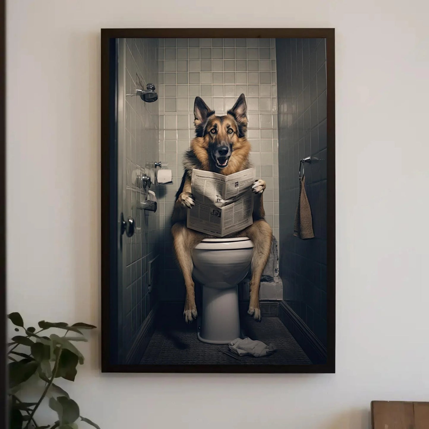 German Shepherd Dog Reading Newspaper On The Toilet Dog Lovers Gift Painting Funny Bathroom Art Framed Print Canvas Restroom Decor Wall Art – Canvas Print