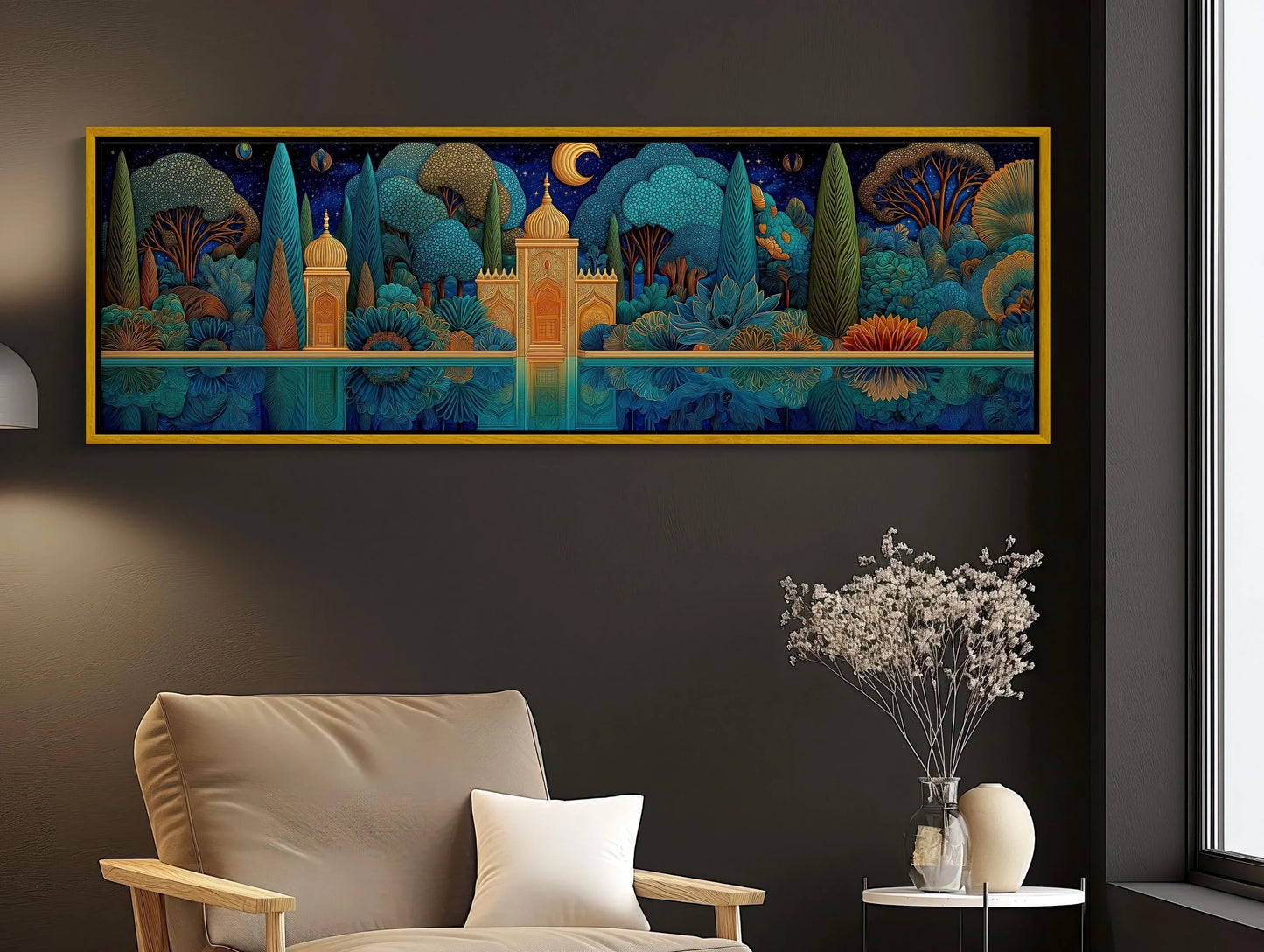 Panoramic Mughal Garden Canvas, Night Scene Wall Art, Indian Palace Print, Blue Gold Landscape, Mystical Reflection, Long Horizontal Art Wall Art – Canvas Print