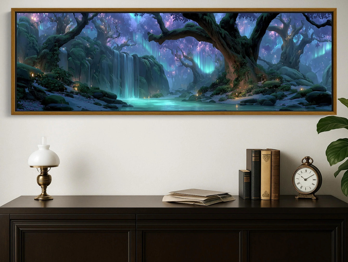 Enchanted Forest Waterfall Canvas | Mystical Aurora Borealis Wall Art | Glowing River Landscape Print | Fantasy Nature Decor Wall Art – Canvas Print