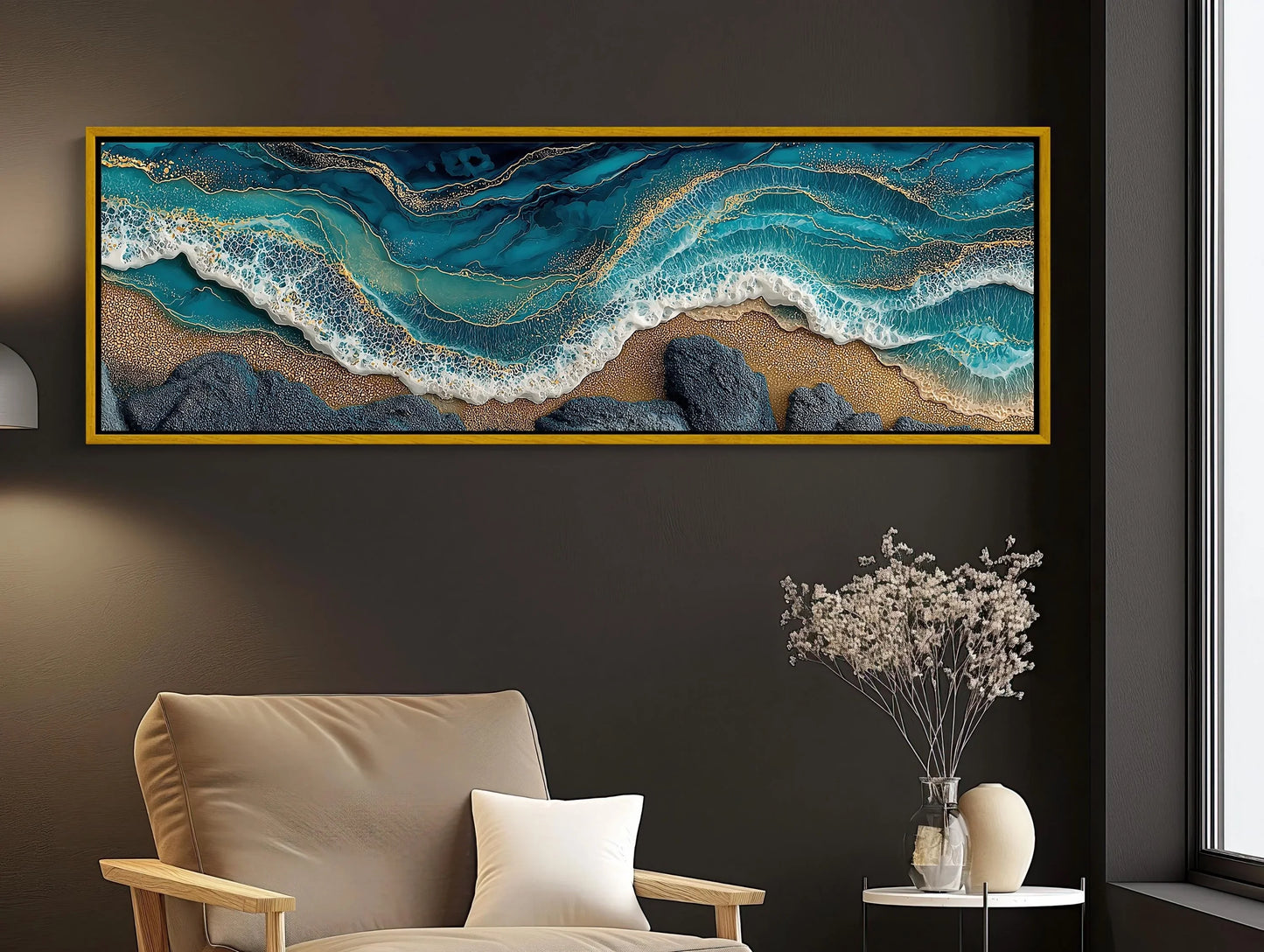 Panoramic Ocean Waves Canvas, Abstract Gold Leaf Coastal Art, Teal Blue Seascape, Textured Beach Wall Decor, Long Horizontal Statement Wall Art – Canvas Print