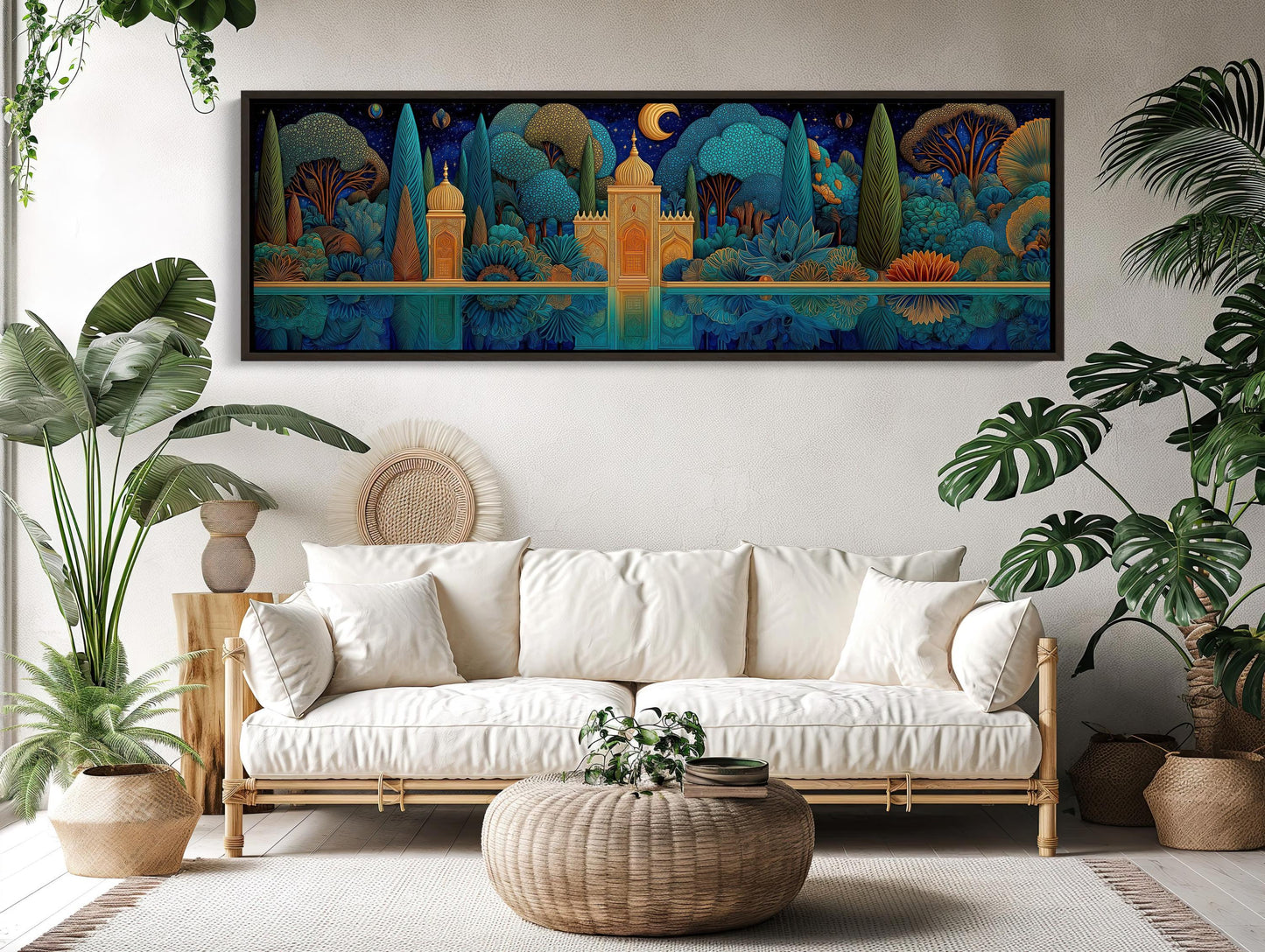 Panoramic Mughal Garden Canvas, Night Scene Wall Art, Indian Palace Print, Blue Gold Landscape, Mystical Reflection, Long Horizontal Art Wall Art – Canvas Print