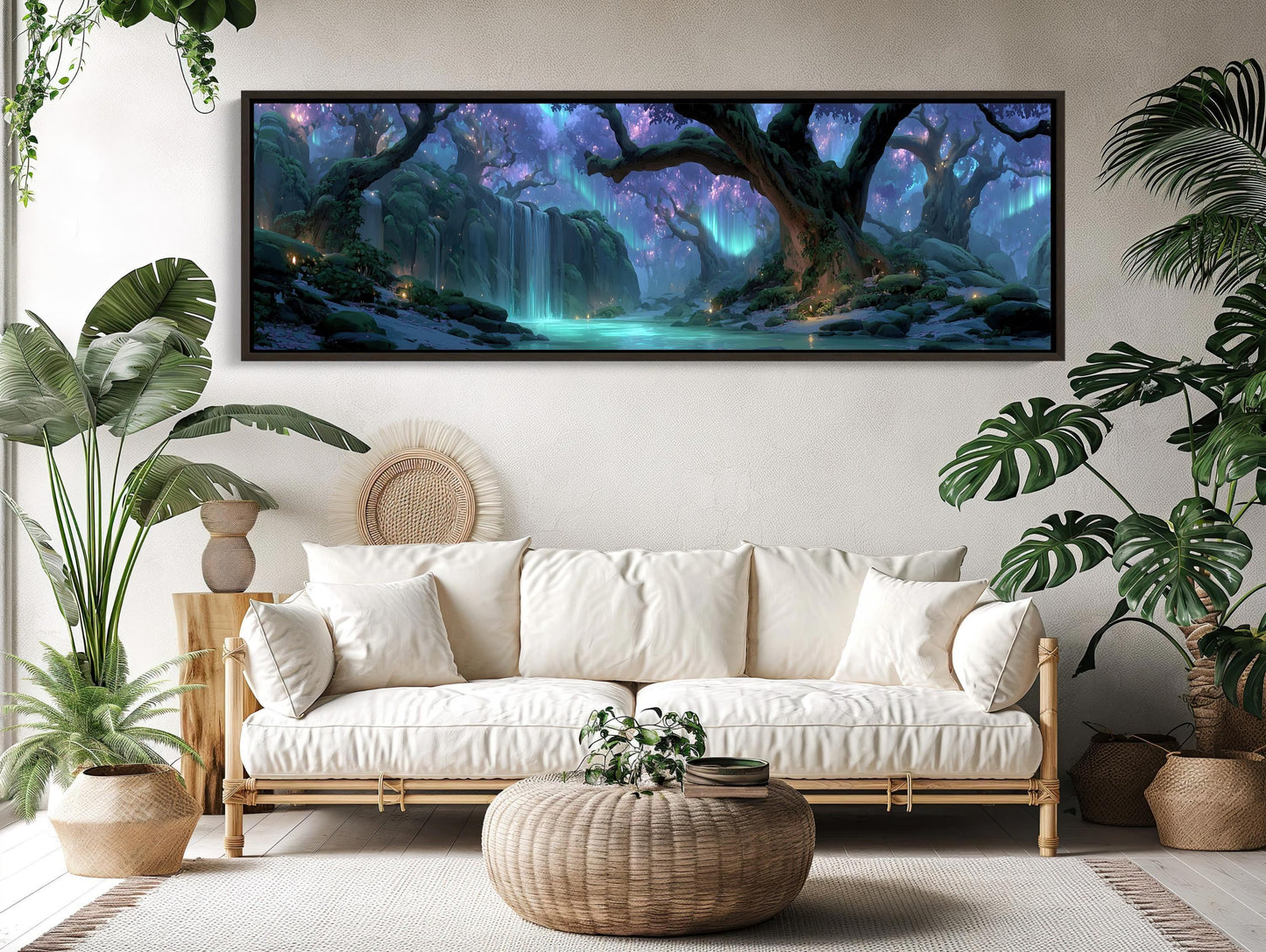 Enchanted Forest Waterfall Canvas | Mystical Aurora Borealis Wall Art | Glowing River Landscape Print | Fantasy Nature Decor Wall Art – Canvas Print